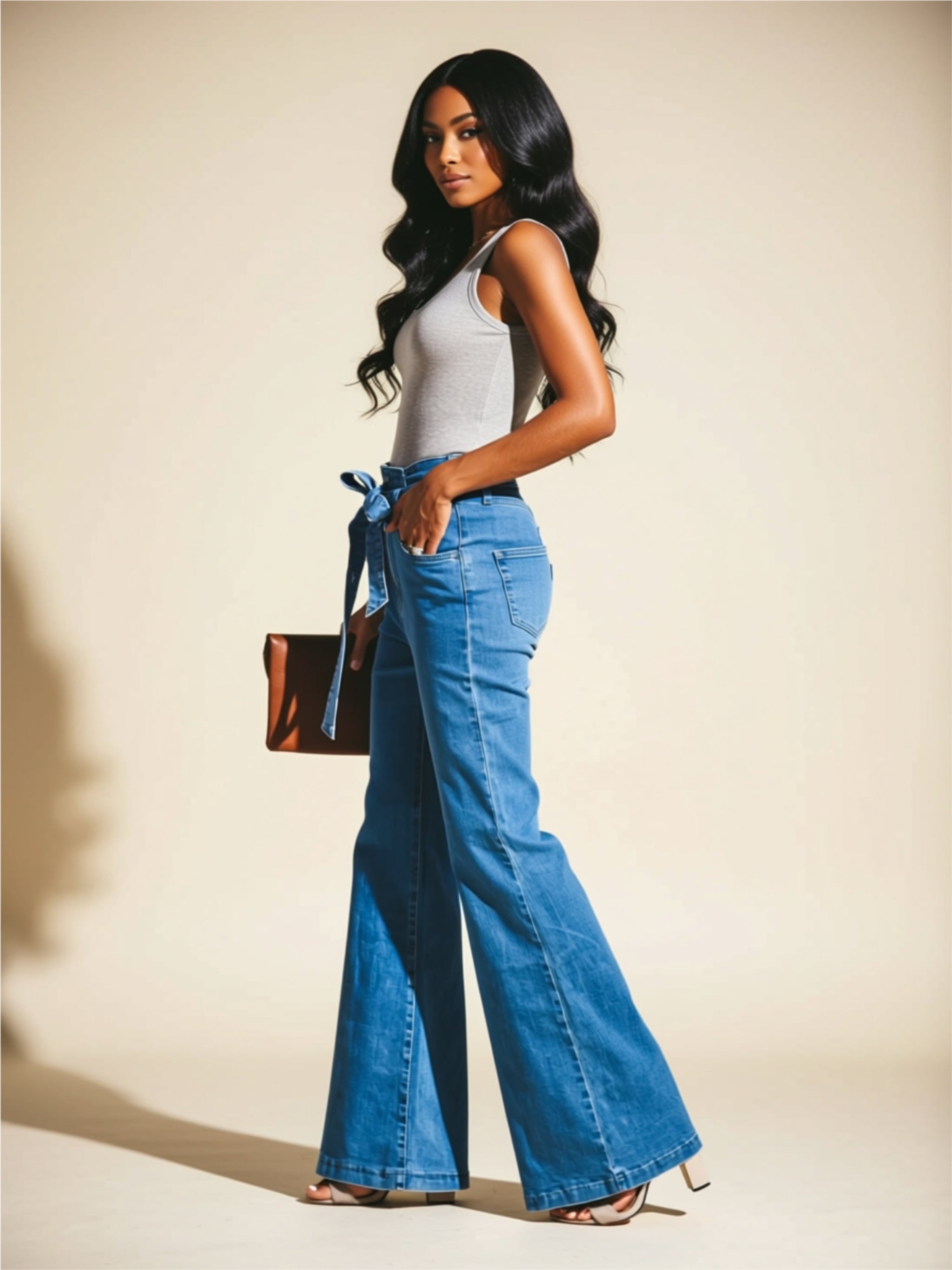 High‑Waisted Wide Leg Jeans with Bow Tie Belt