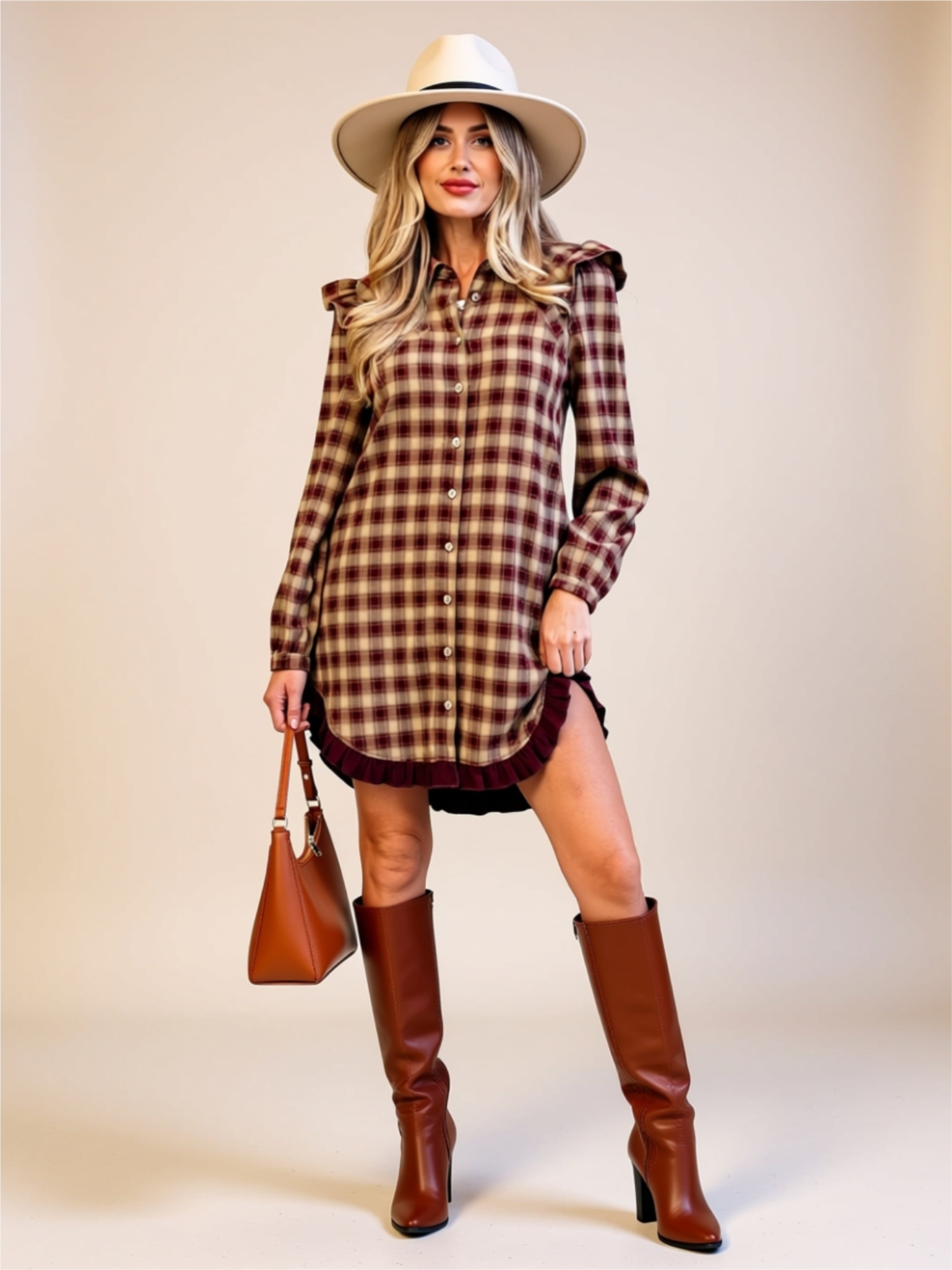 Plaid Button‑Down Ruffle Hem Shirt Dress