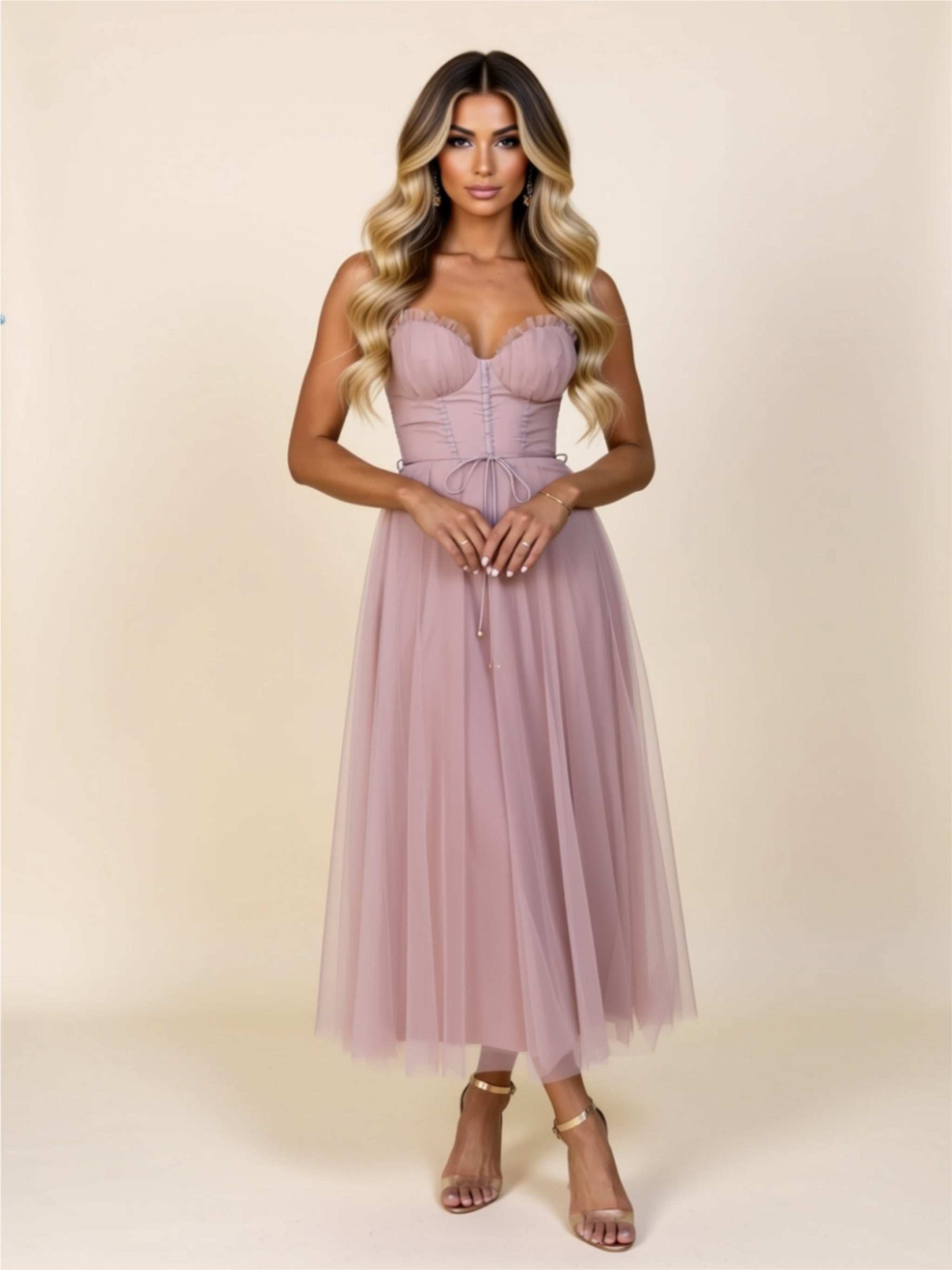 Romantic Mesh Corset Midi Dress with Crisscross Back & Tied Waist