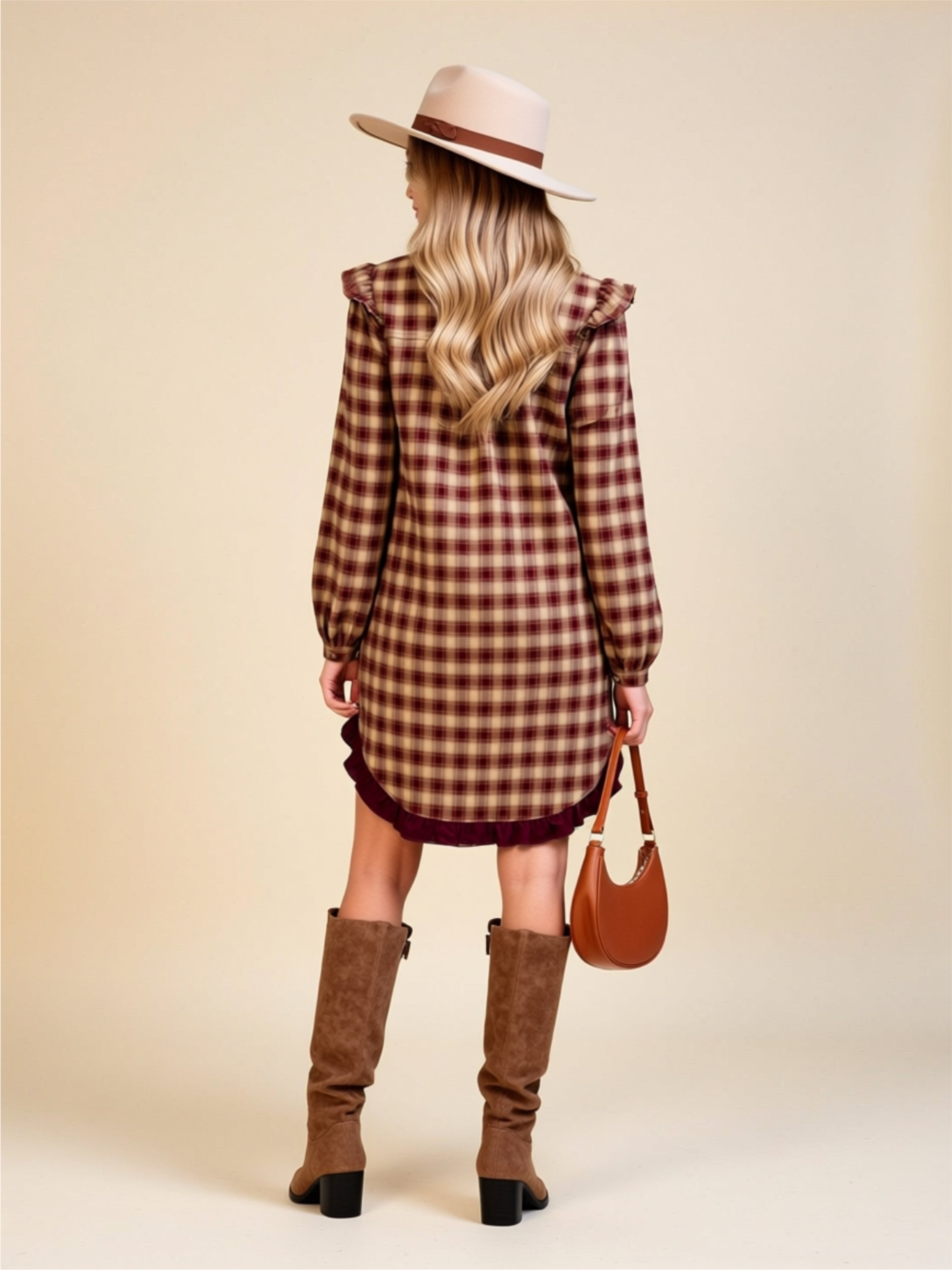 Plaid Button‑Down Ruffle Hem Shirt Dress