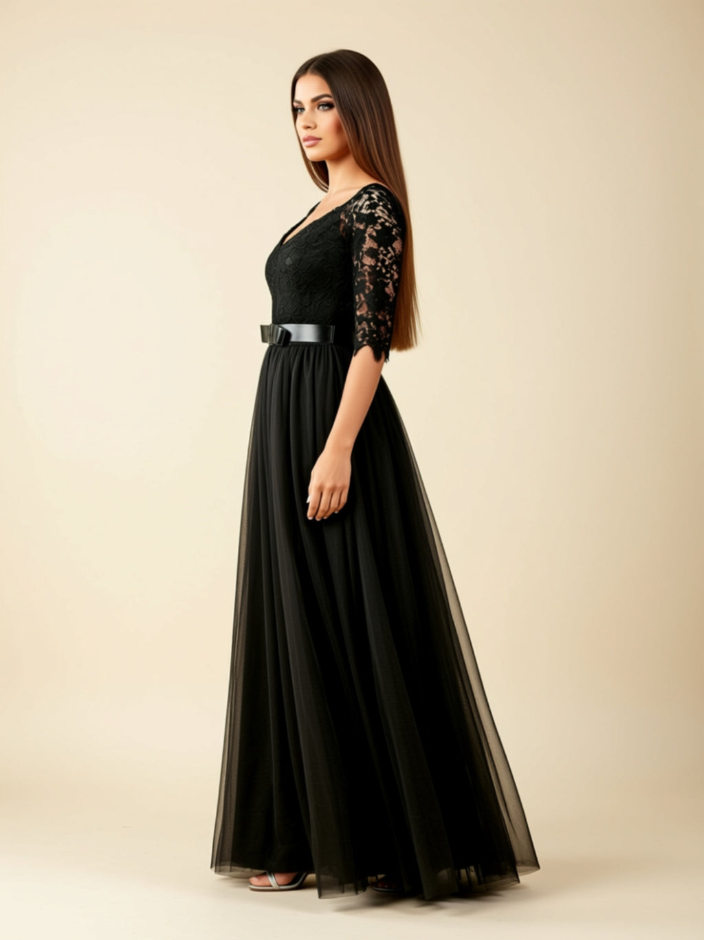 Lace Princess Sleeve A‑Line Midi Dress