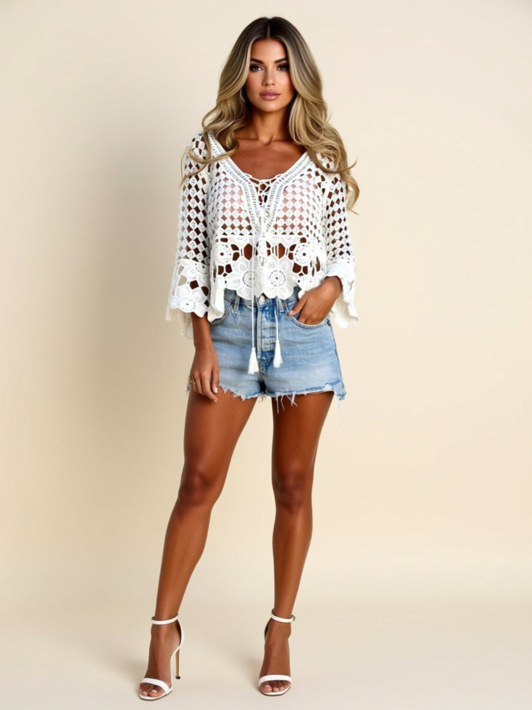 Boho Openwork Crochet Tie-Front Floral Hem Top