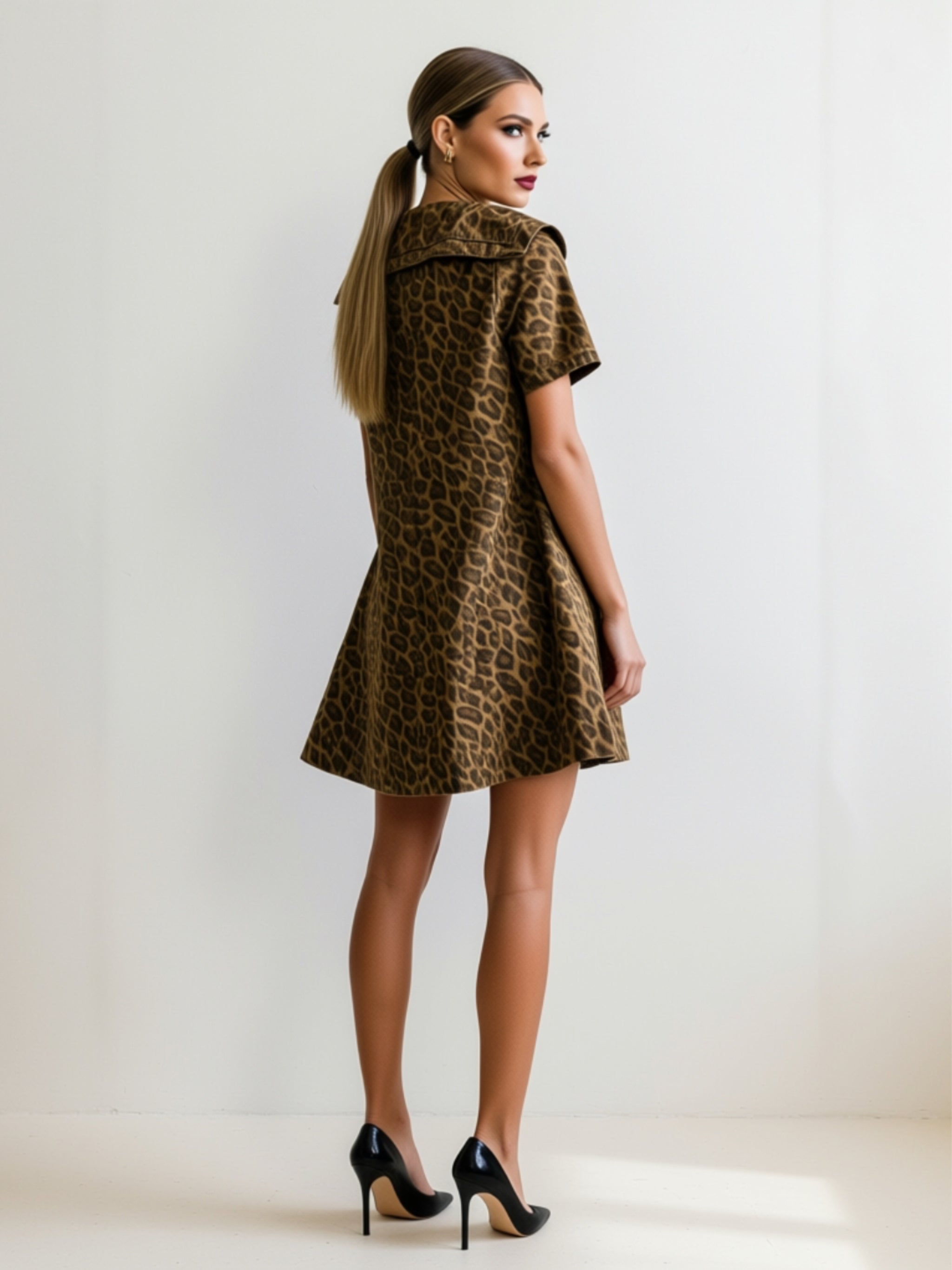 Leopard Print Denim Cardigan‑Style Mini Dress