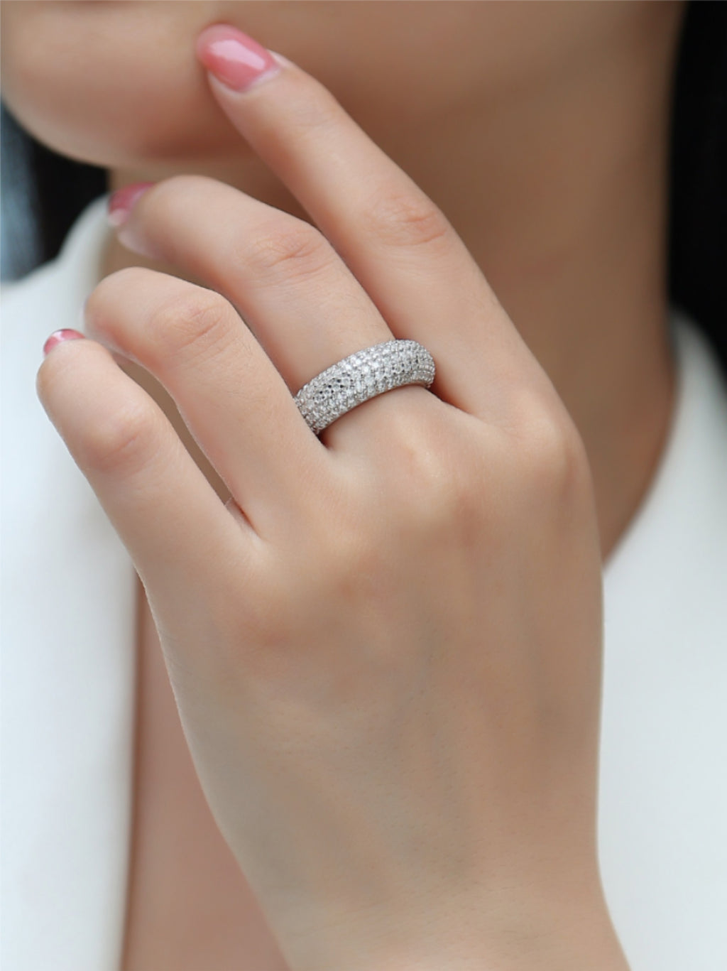 S925 Platinum‑Plated Wide Pavé Moissanite Band
