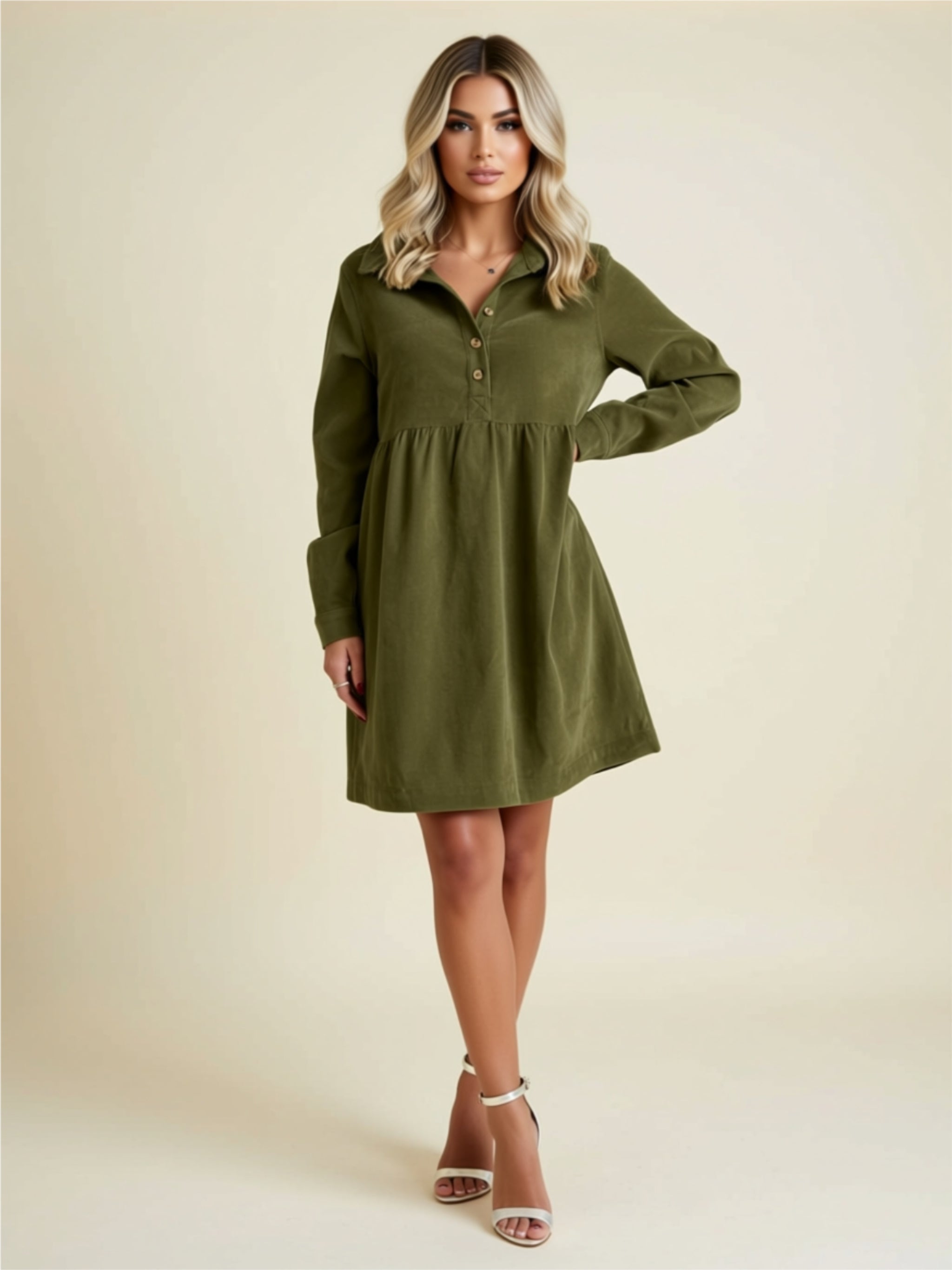 Button Front Long Sleeve Babydoll Dress