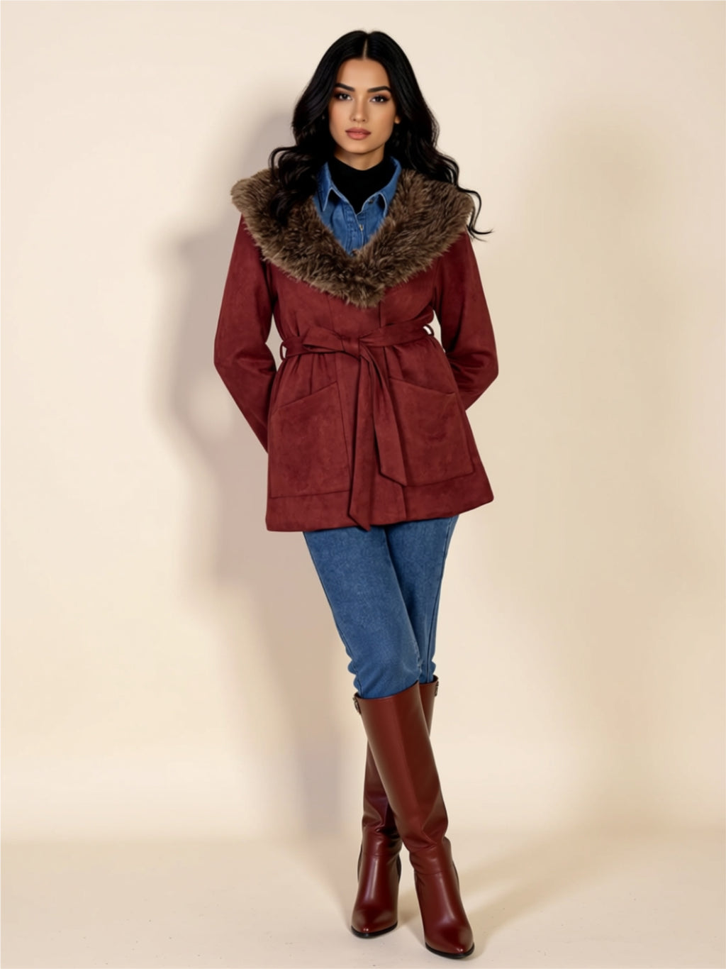 Belted Faux Fur Collar Jacket