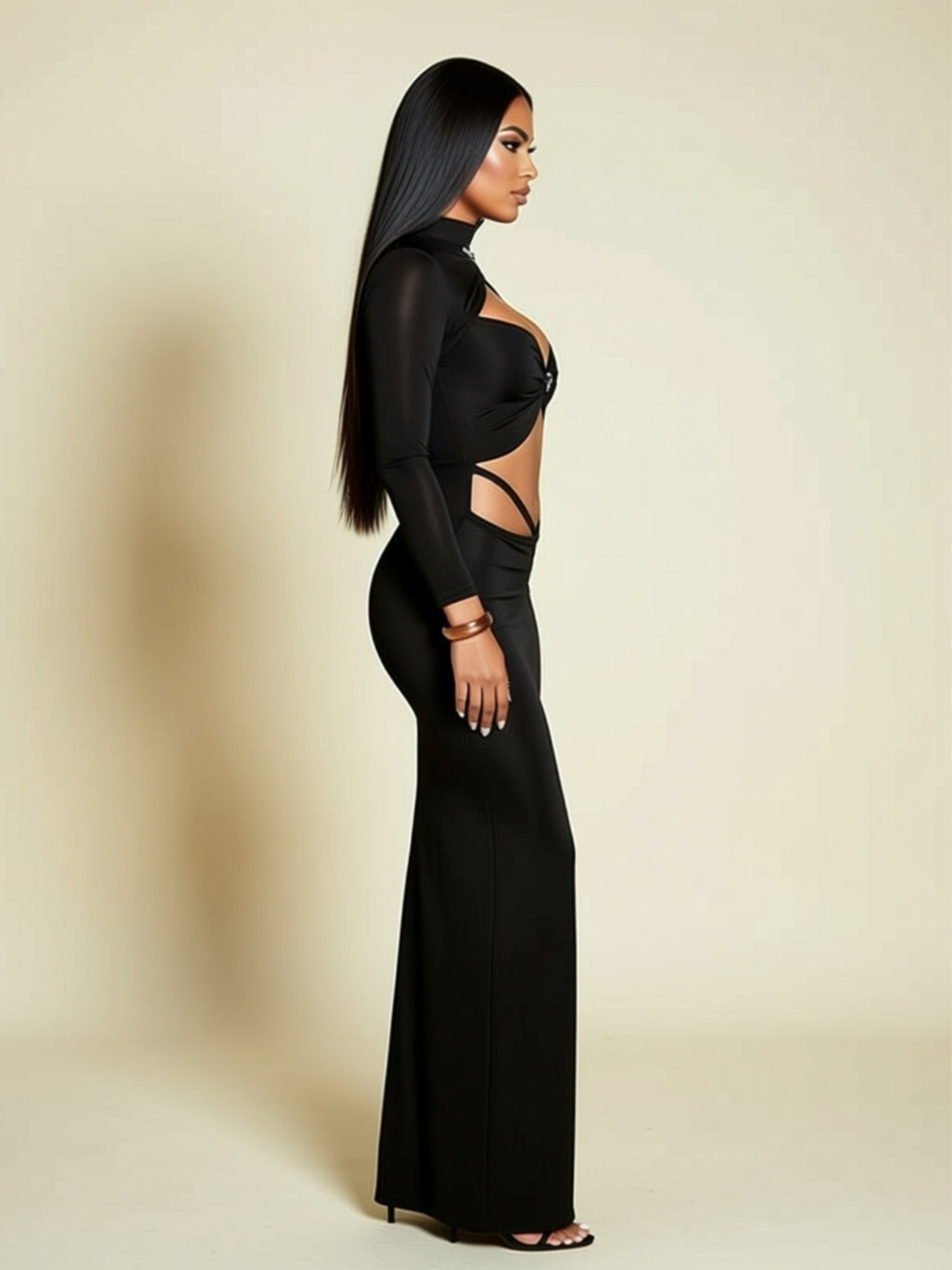 Black High Waist Hollow Out Long Sleeve Pencil Dress