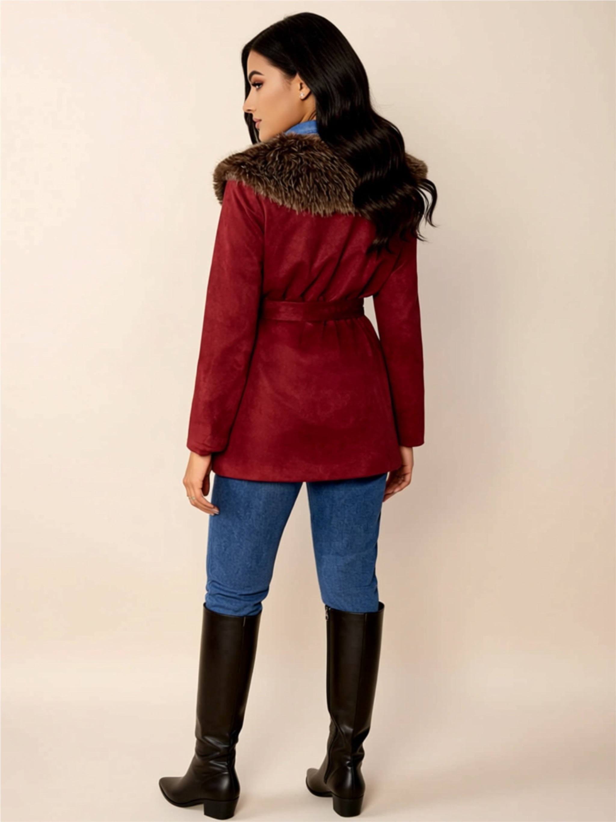 Belted Faux Fur Collar Jacket