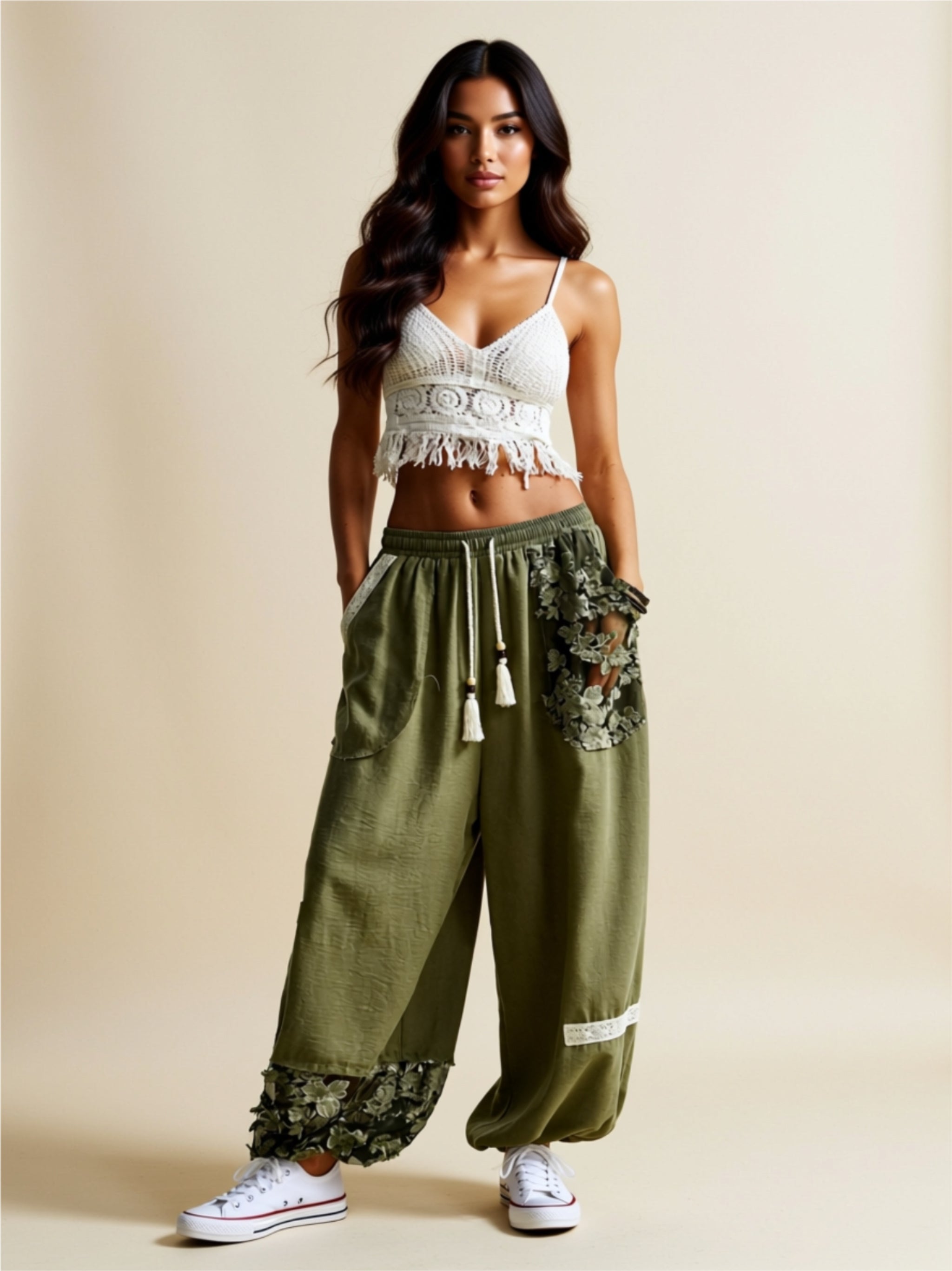 Boho Wide Leg Drawstring Pants with Lace Detail & Pockets