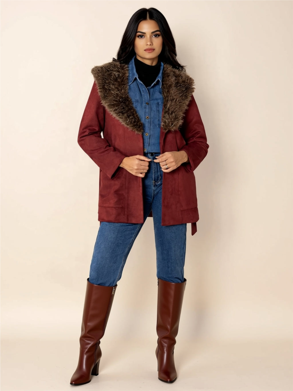 Belted Faux Fur Collar Jacket