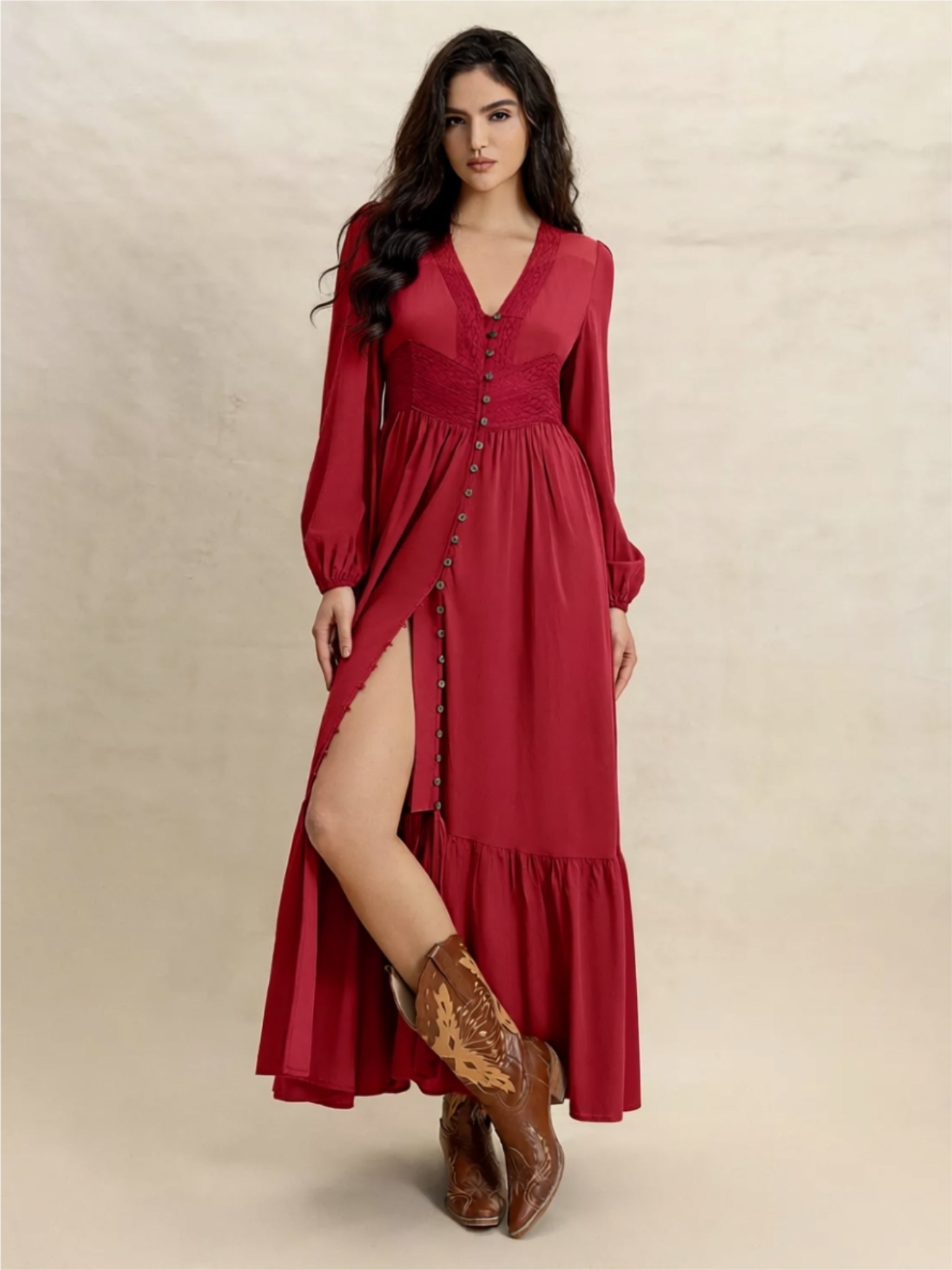 Boho Buttoned Maxi Dress in Deep Red