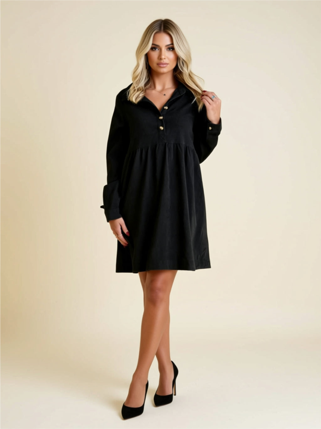 Button Front Long Sleeve Babydoll Dress