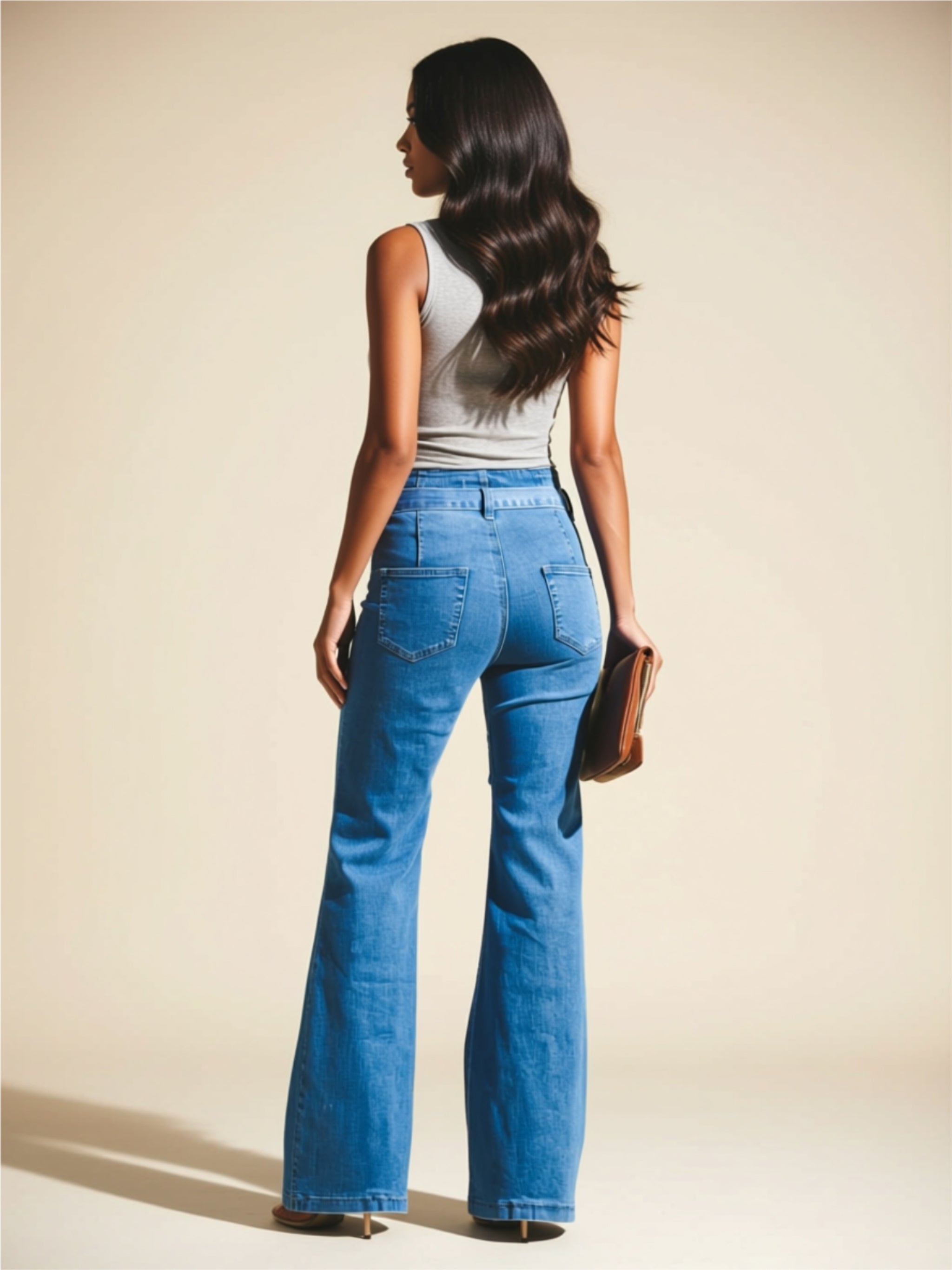 High‑Waisted Wide Leg Jeans with Bow Tie Belt