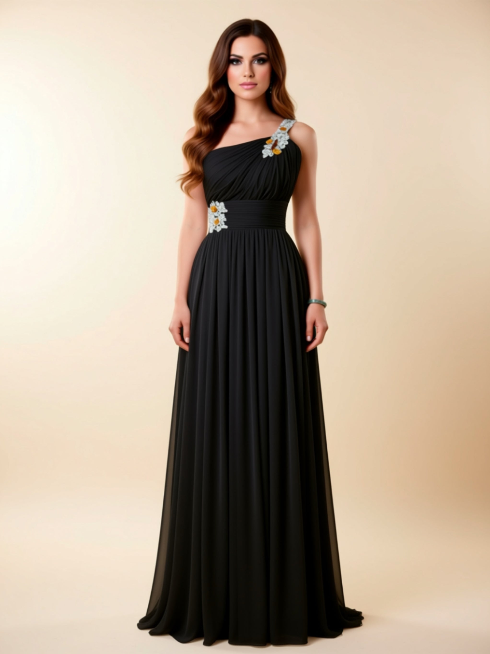 One‑Shoulder Embellished Chiffon Evening Gown