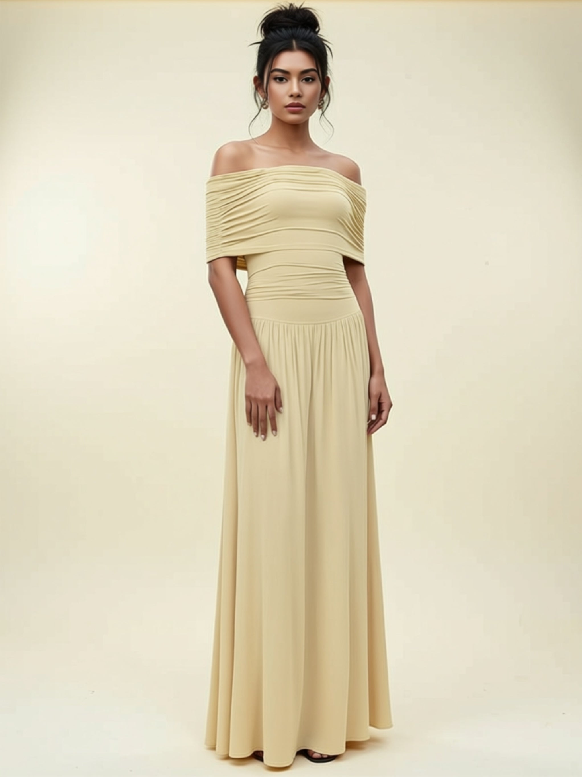 Off‑Shoulder Ruched Maxi Dress