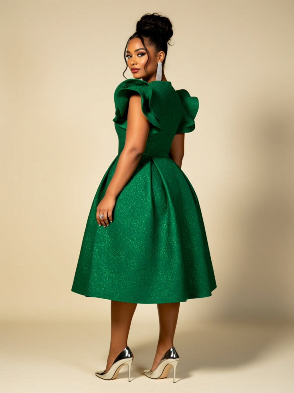 Plus Size Ruffle‑Sleeve Jacquard A‑Line Midi Dress