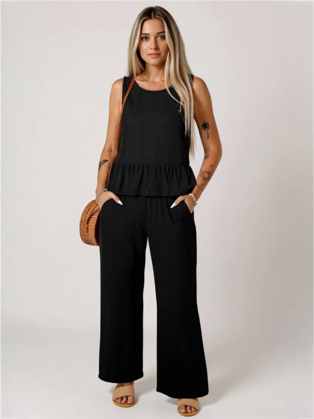 Color Ribbed Ruffle Tank Top & Pants Set
