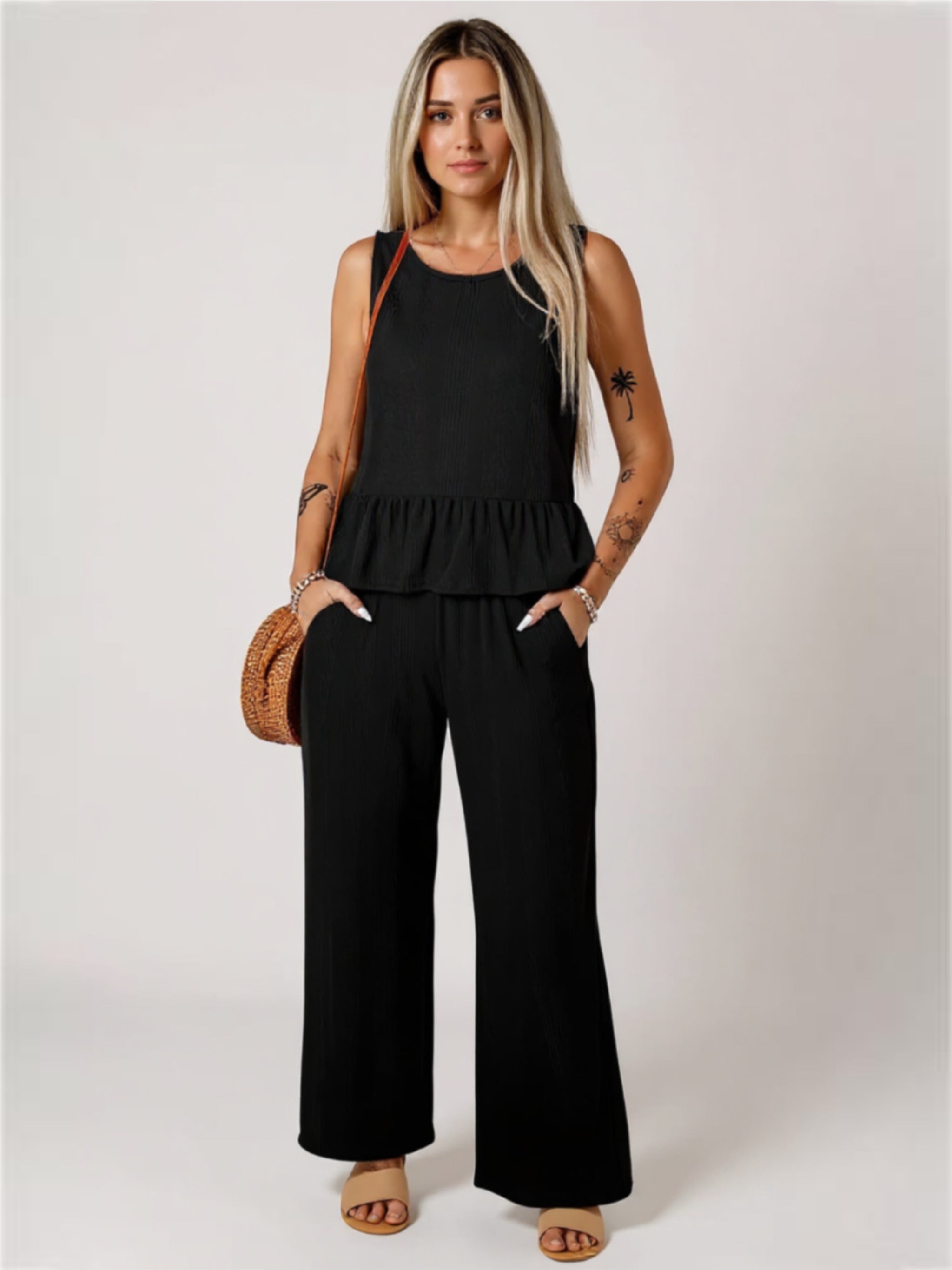 Color Ribbed Ruffle Tank Top & Pants Set