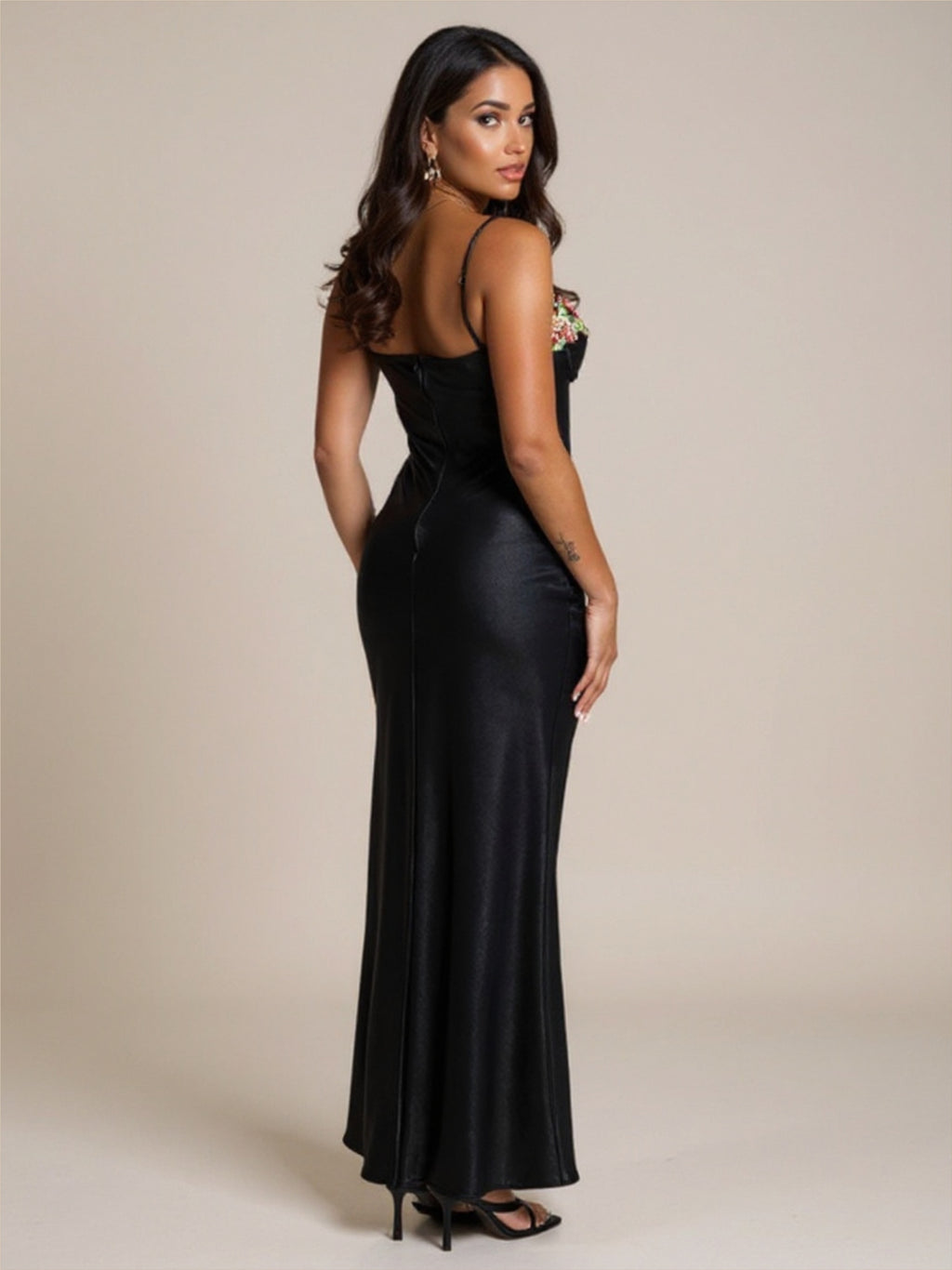 Satin Floral Embroidered Bodycon Dress