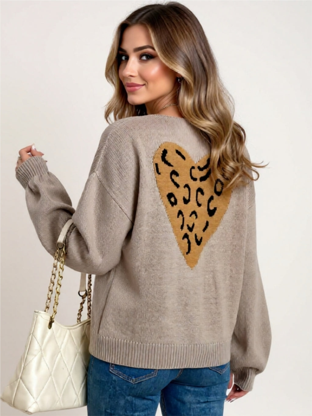 Leopard Heart Back Tie-Front Knit Cardigan