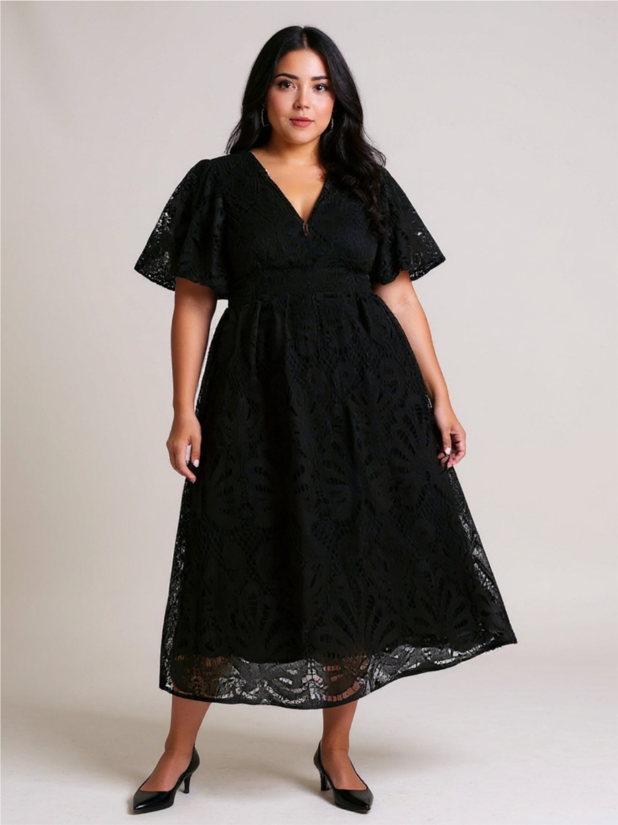 V-Neck Puff Sleeve Lace Dress