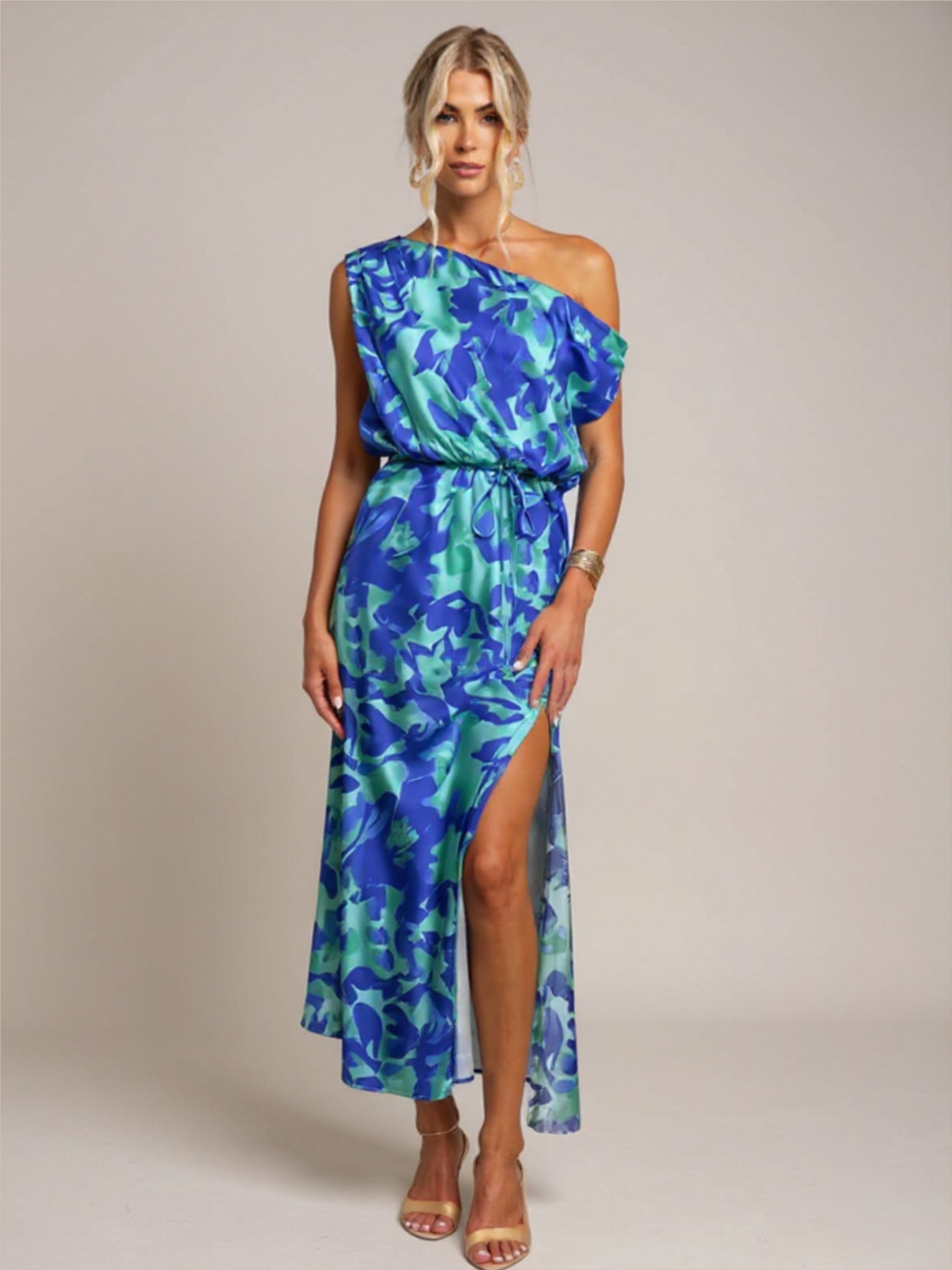 Blue Off The Shoulder Dress with Slit Hem