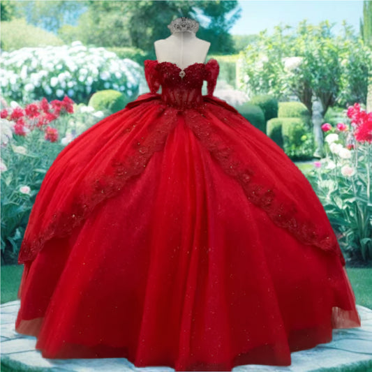 Red Crystal Embroidered Quinceanera Dress