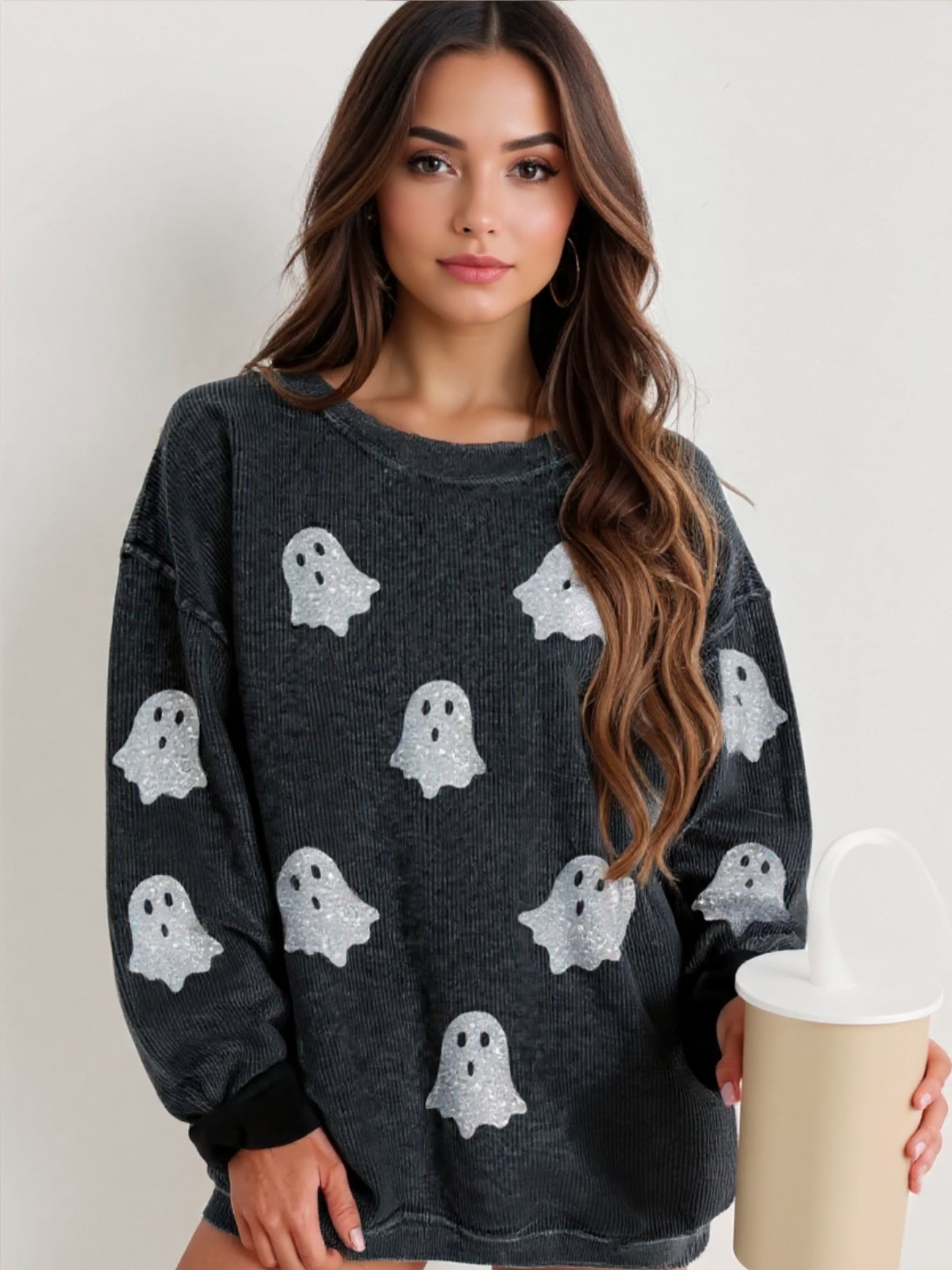 Glitter Ghost Round Neck Sweatshirt