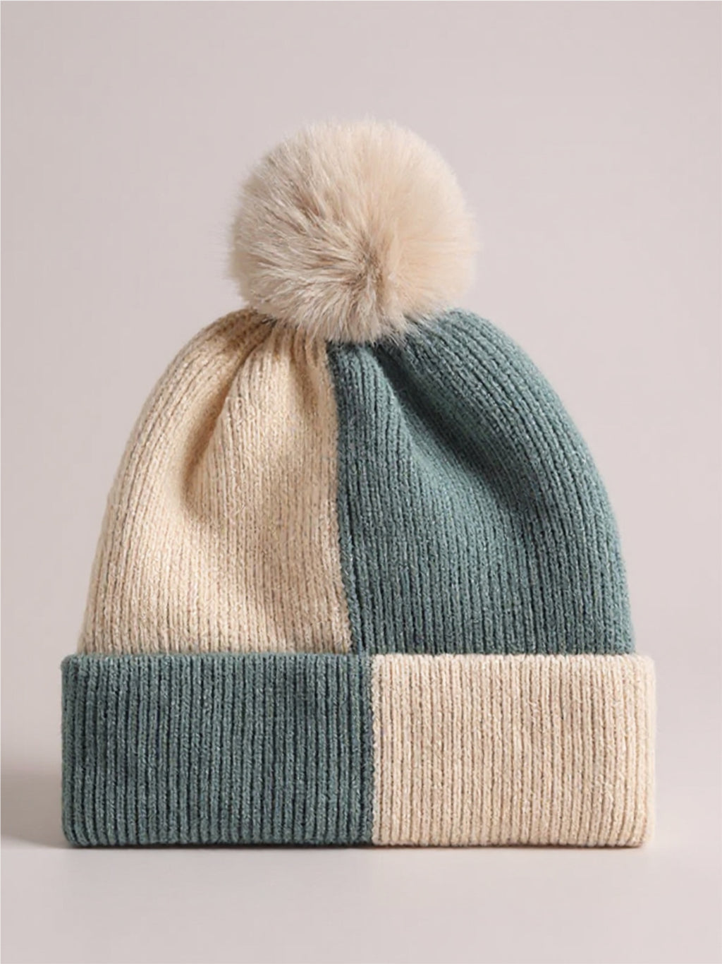 Color Block Knit Beanie with Pom-pom