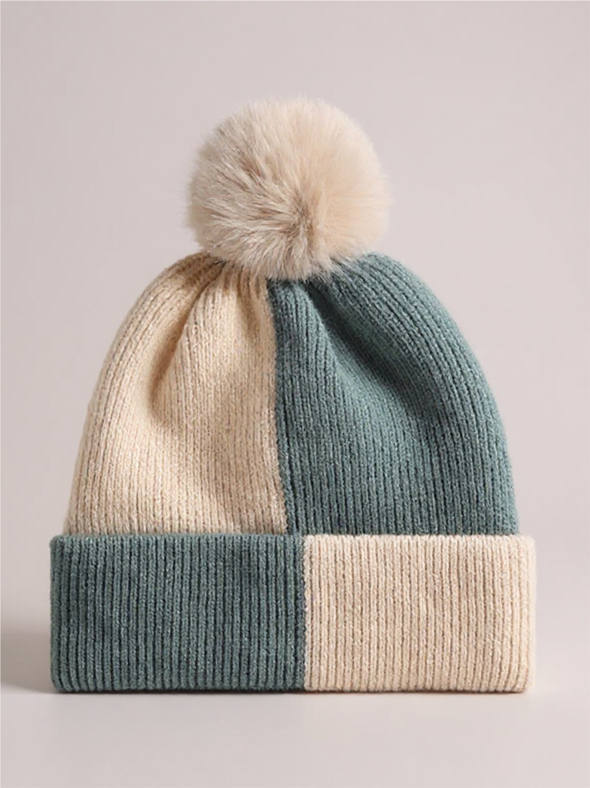 Color Block Knit Beanie with Pom-pom