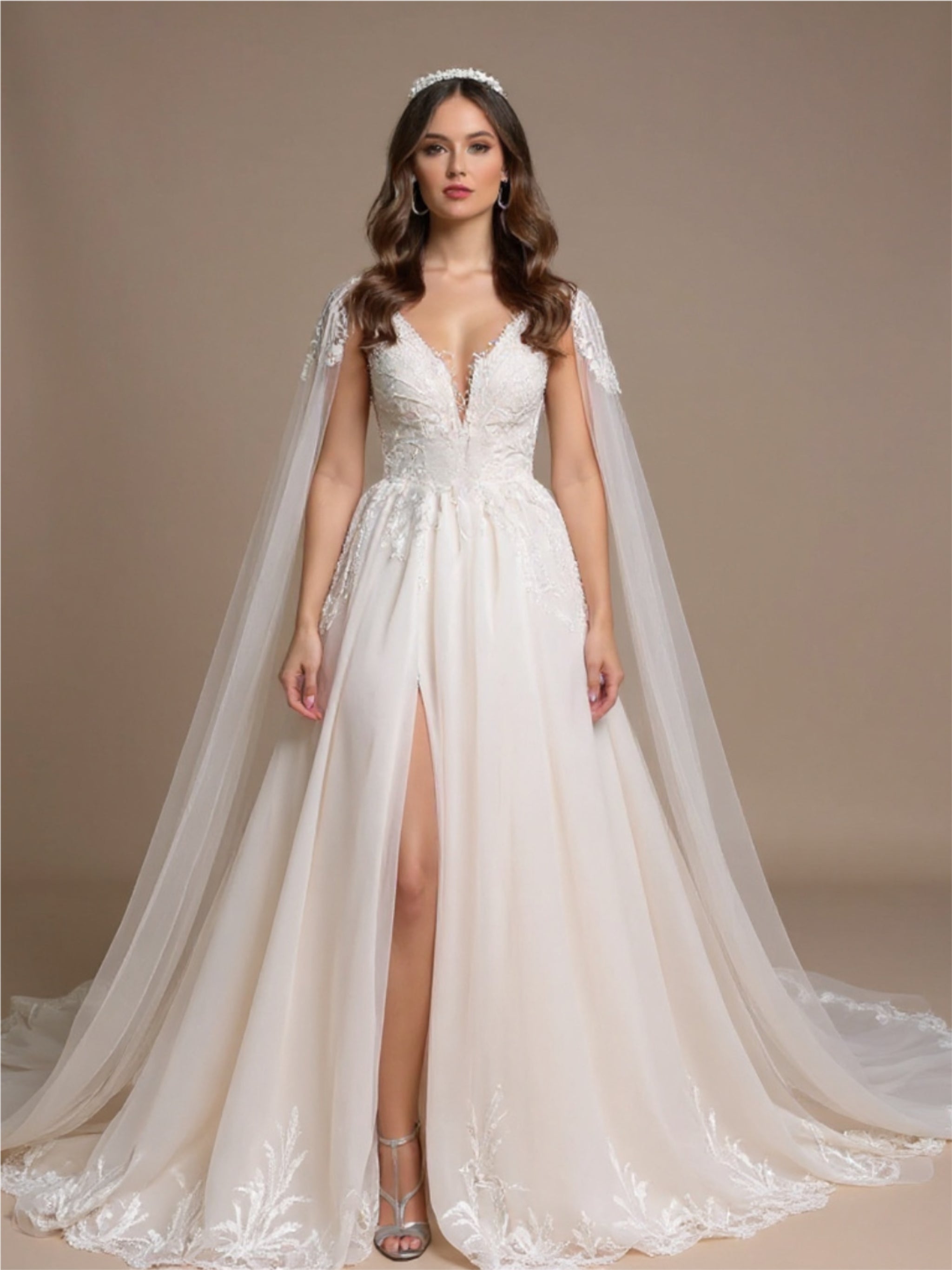 Deep V Neck Romantic Wedding Dress