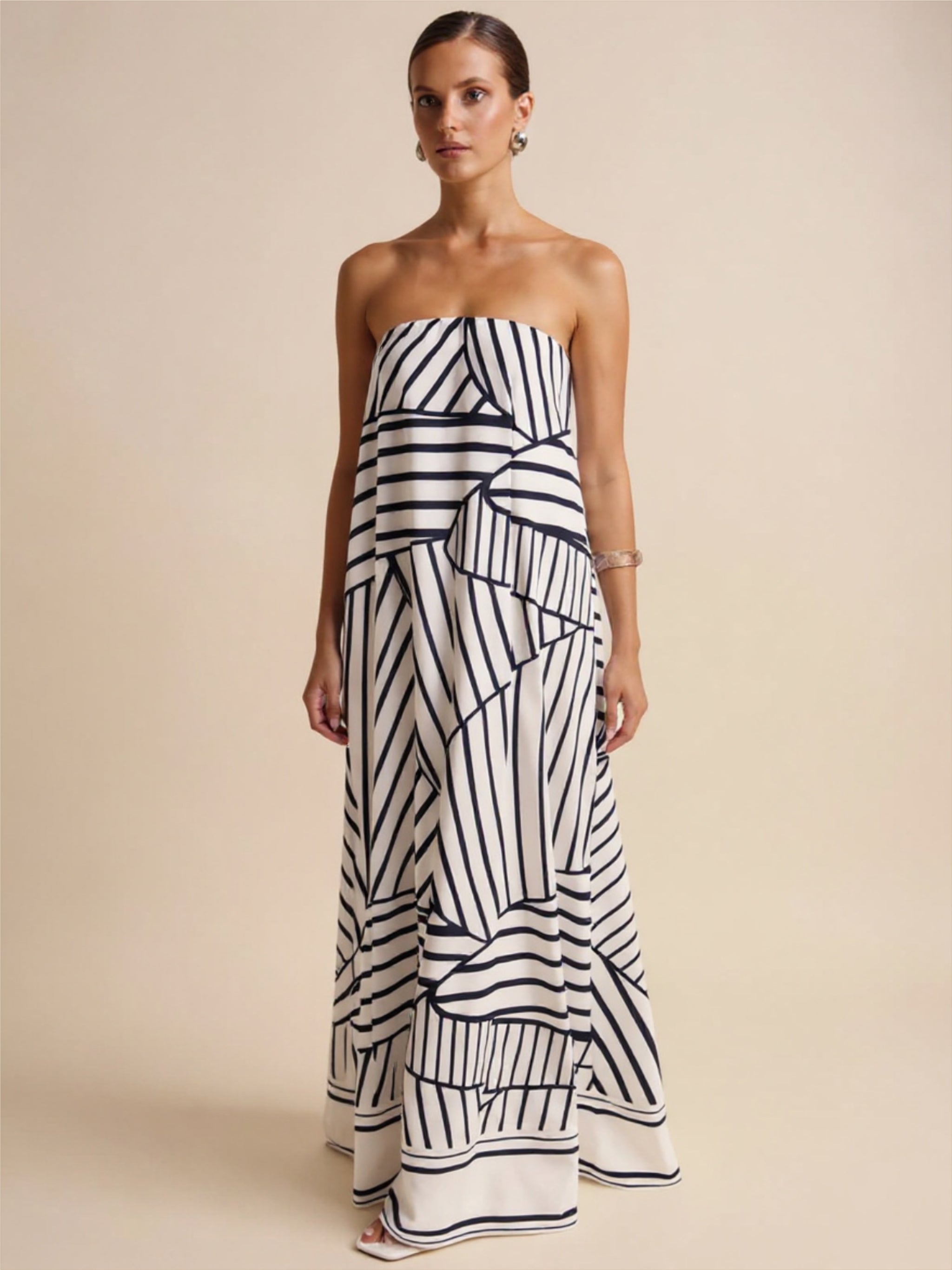 Strapless Black & White Striped Maxi Dress