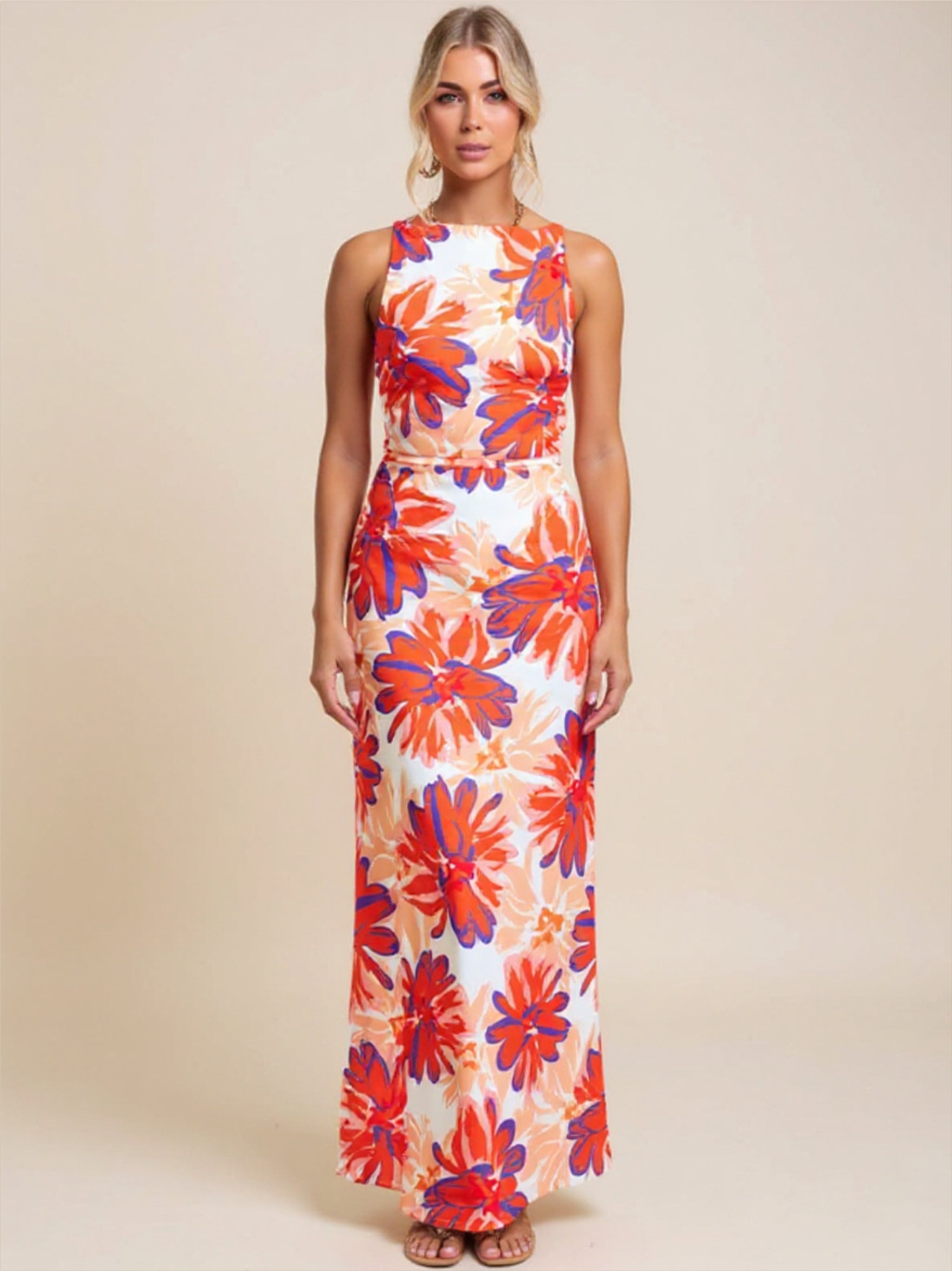 Orange Floral Backless Dress