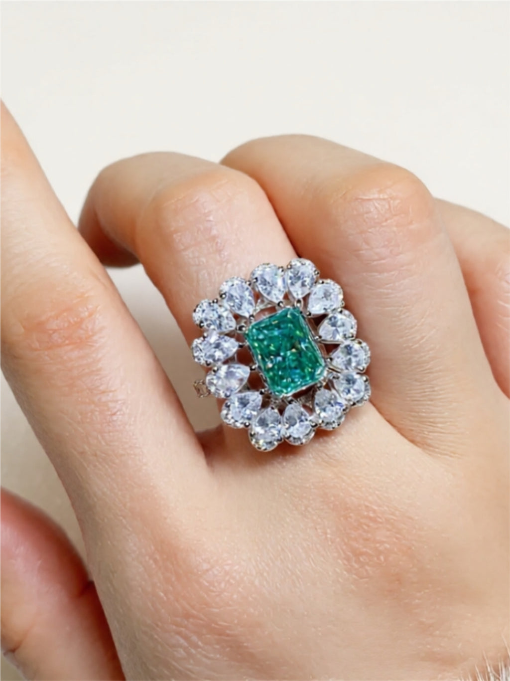 Luxury Moissanite Cocktail Ring – 3 Carat Emerald-Cut Center Stone, 925 Sterling Silver