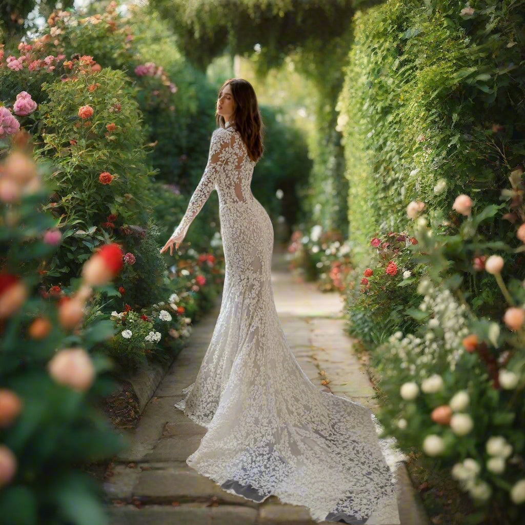 Beaded High Collar Mermaid Long Sleeve Wedding Dress