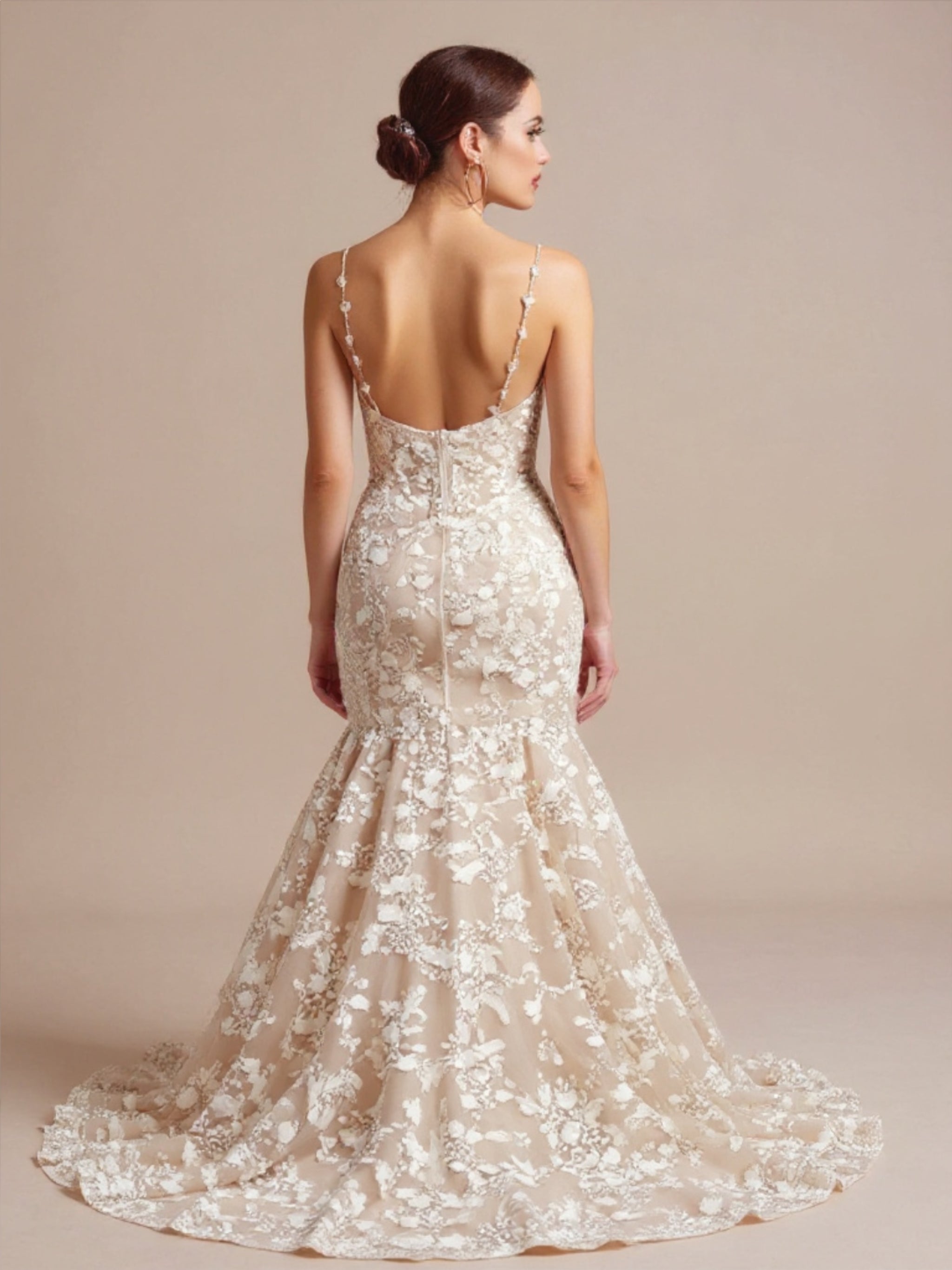 Spaghetti-Strapped Floral Appliquéd Wedding Dress
