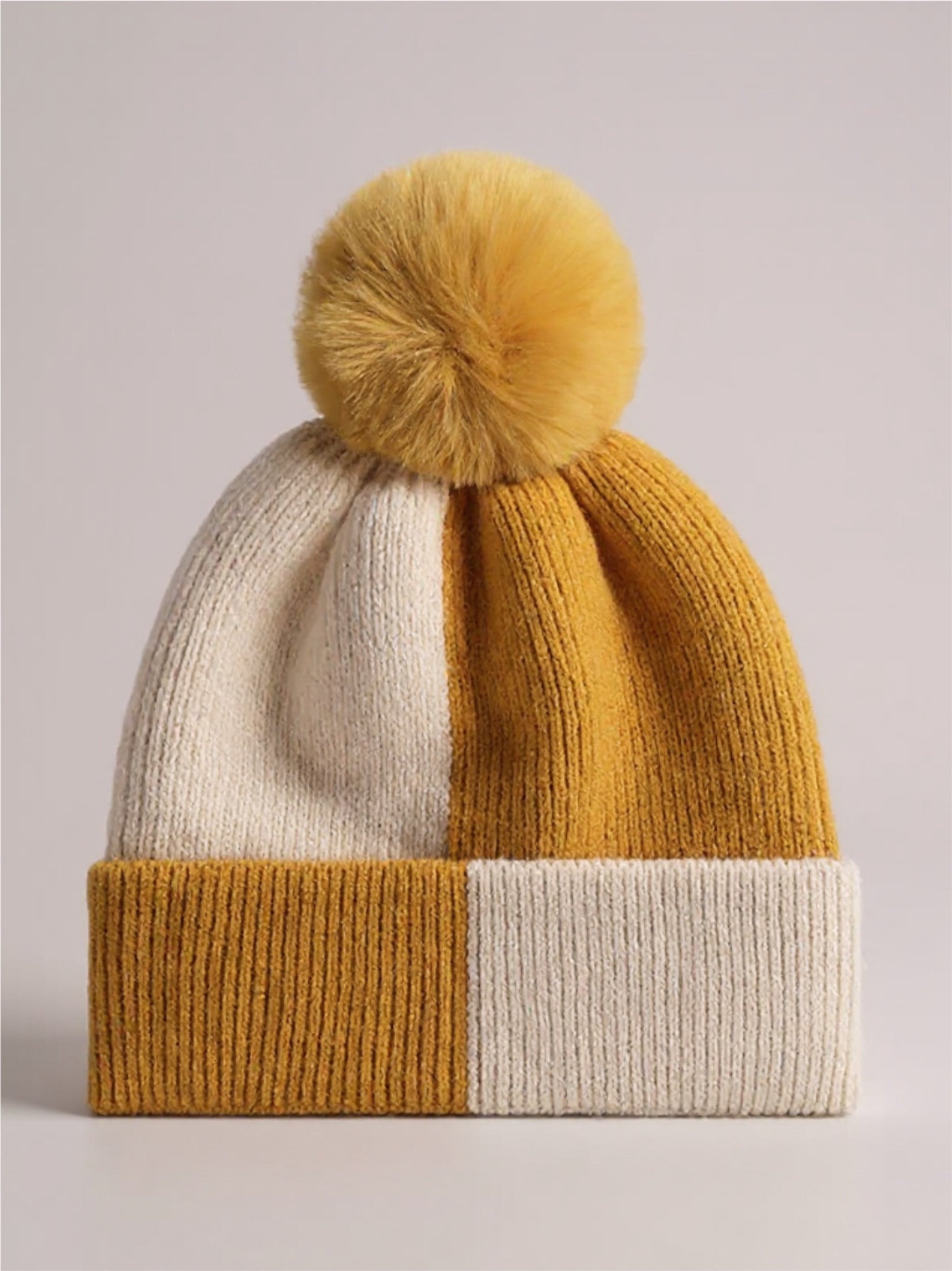 Color Block Knit Beanie with Pom-pom