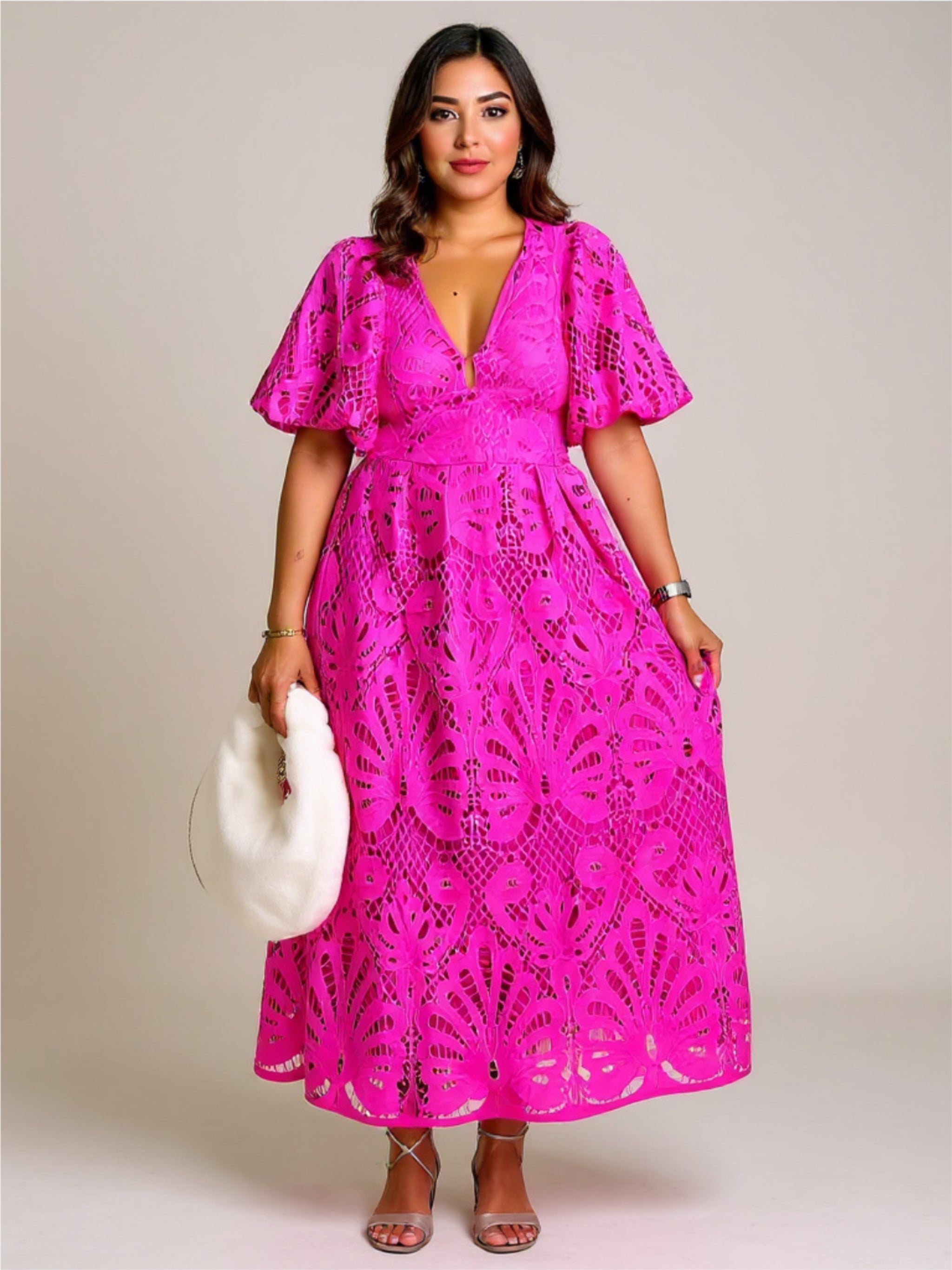 V-Neck Puff Sleeve Lace Dress
