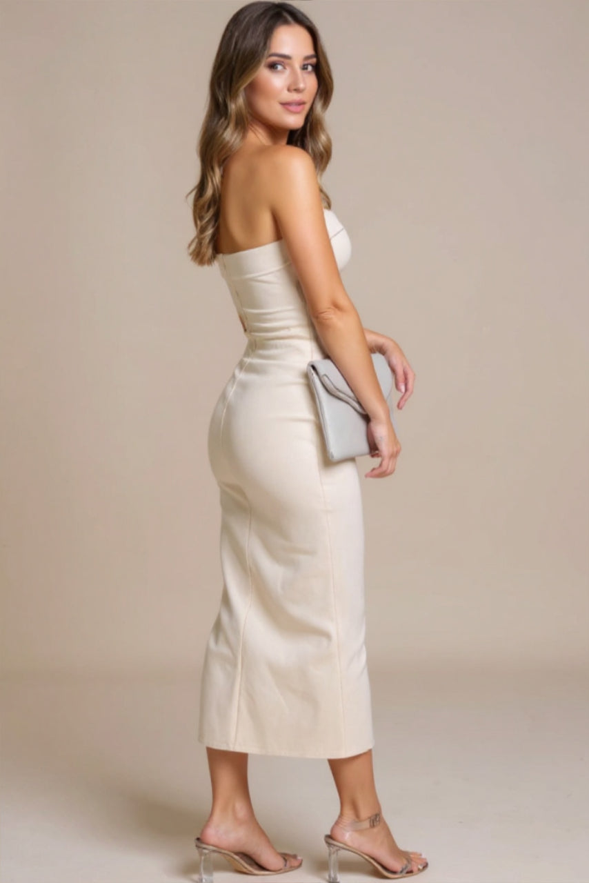 Knit Strapless Midi Dress with Slit