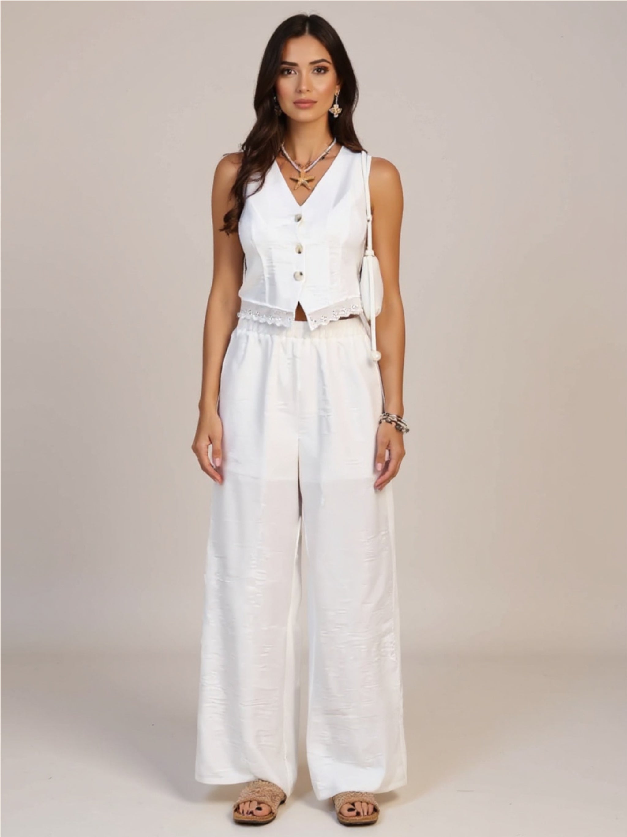 Button Down Lace Detailed Vest & Pants Set