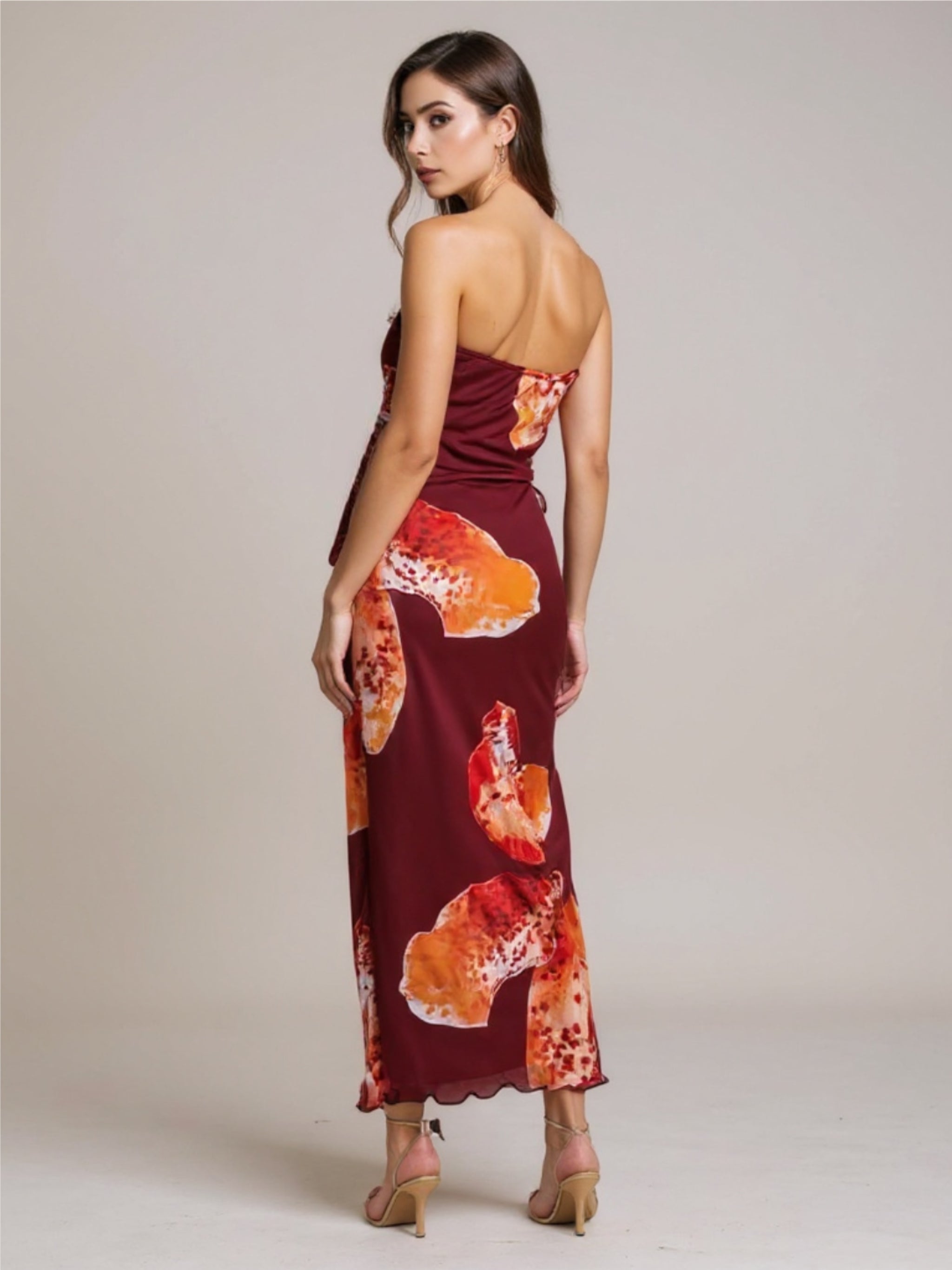 Burgundy Floral Strapless Maxi Dress