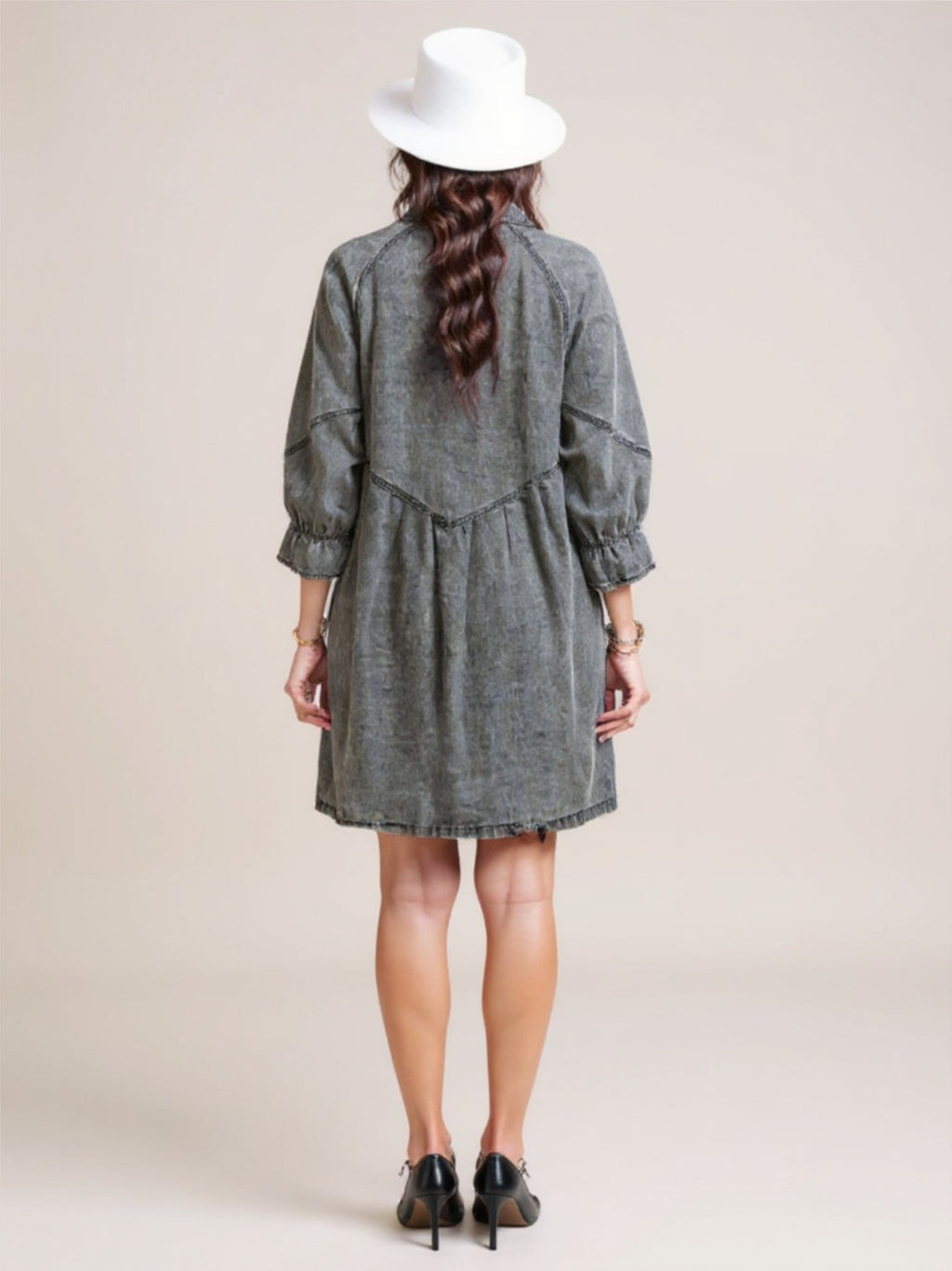 Distressed Collared Neck Flounce Sleeve Denim Dress