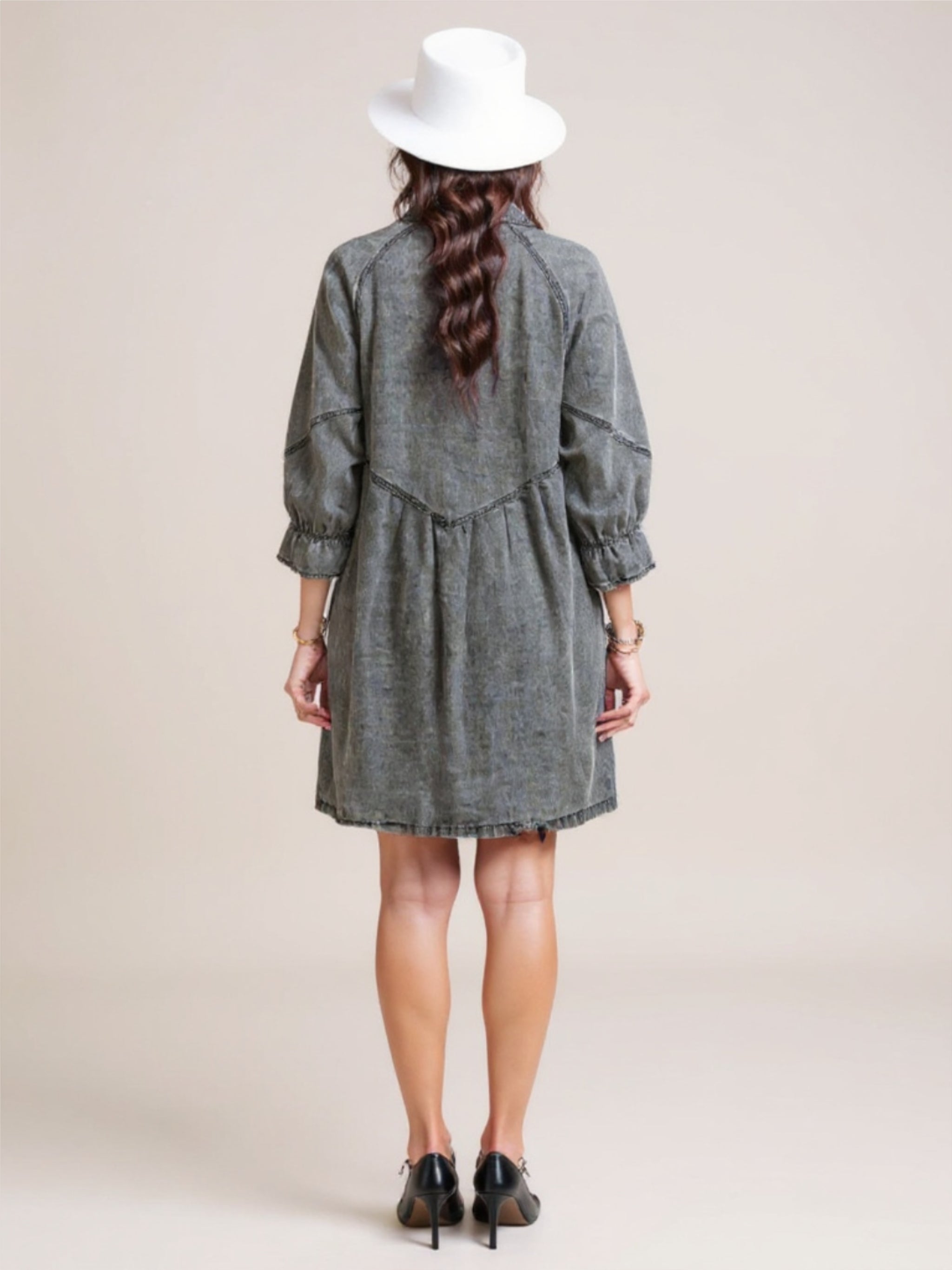 Distressed Collared Neck Flounce Sleeve Denim Dress