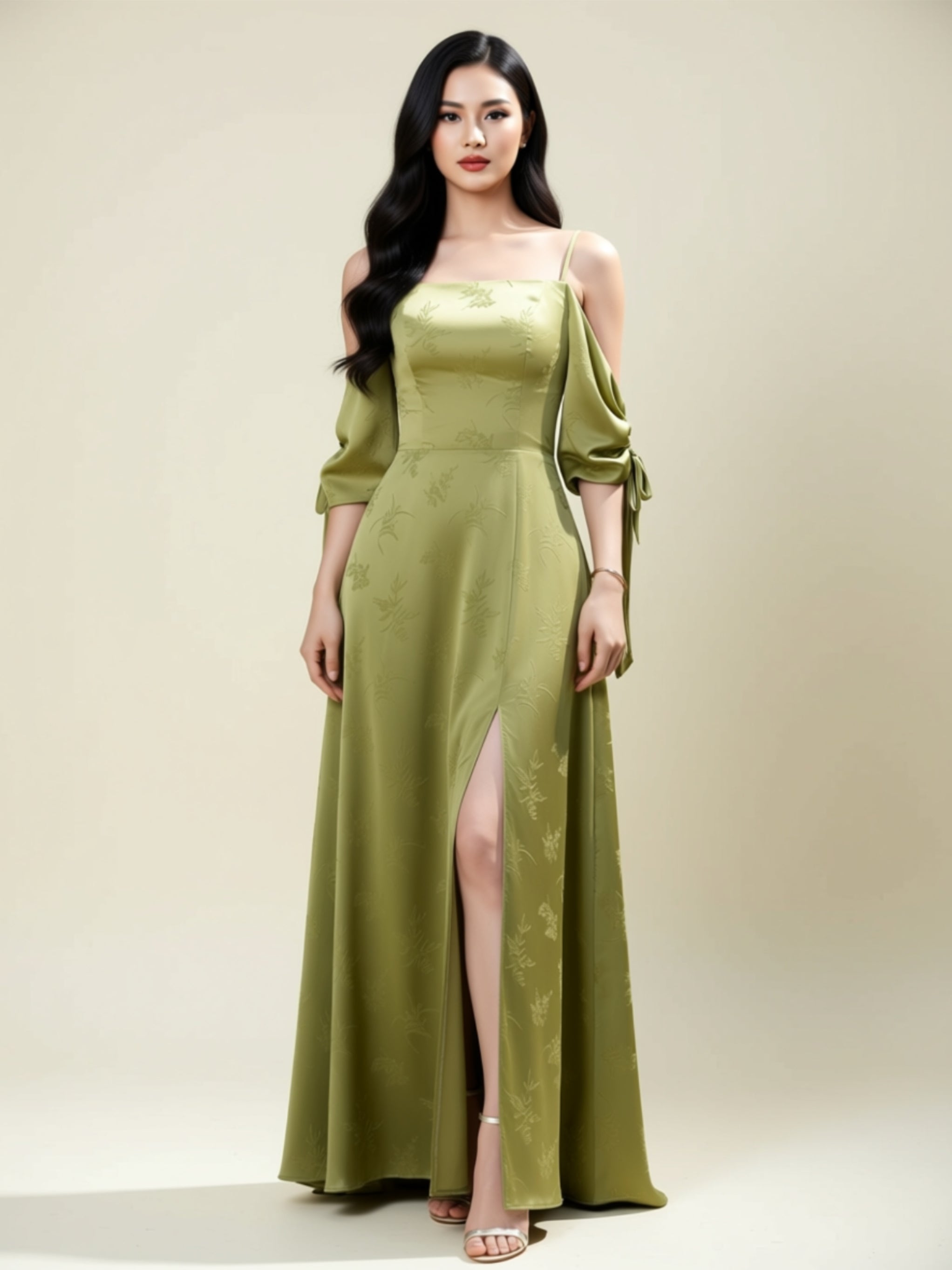 Elegant Sage Green Off‑Shoulder & Spaghetti Strap Maxi Dress with Side Slit