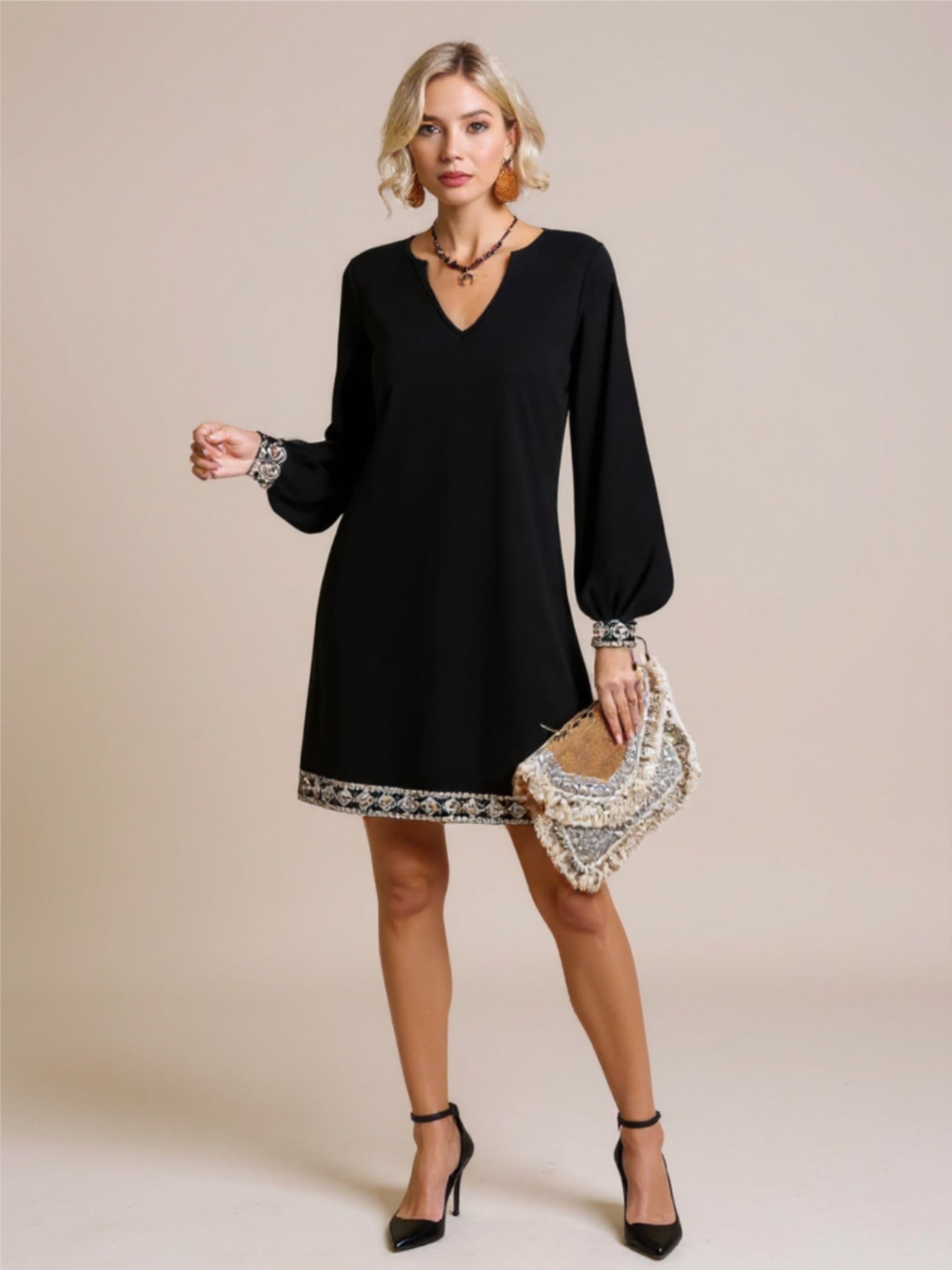 Black Gold Embroidered Long Sleeve Mini Dress