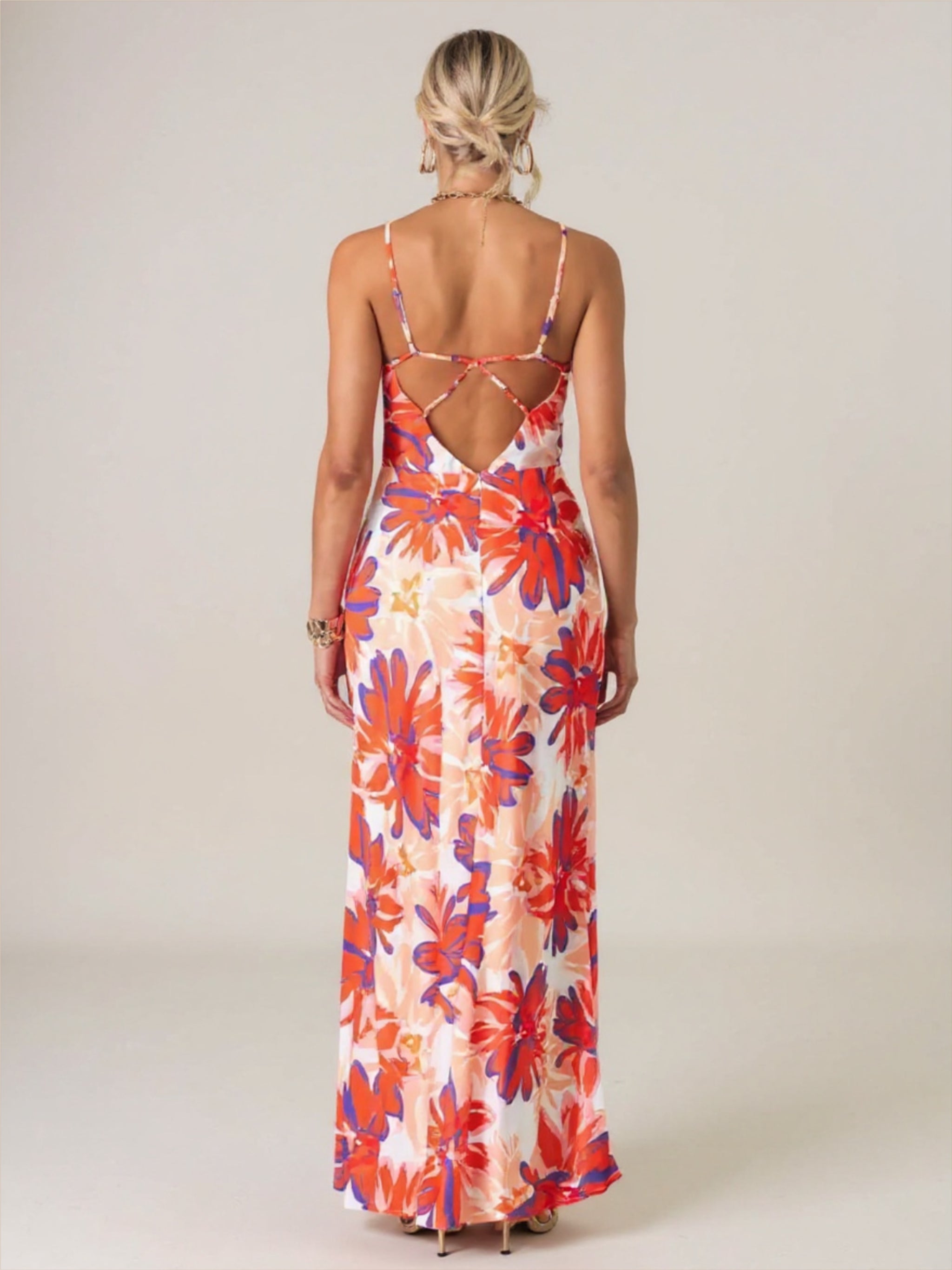 Orange Floral Backless Dress