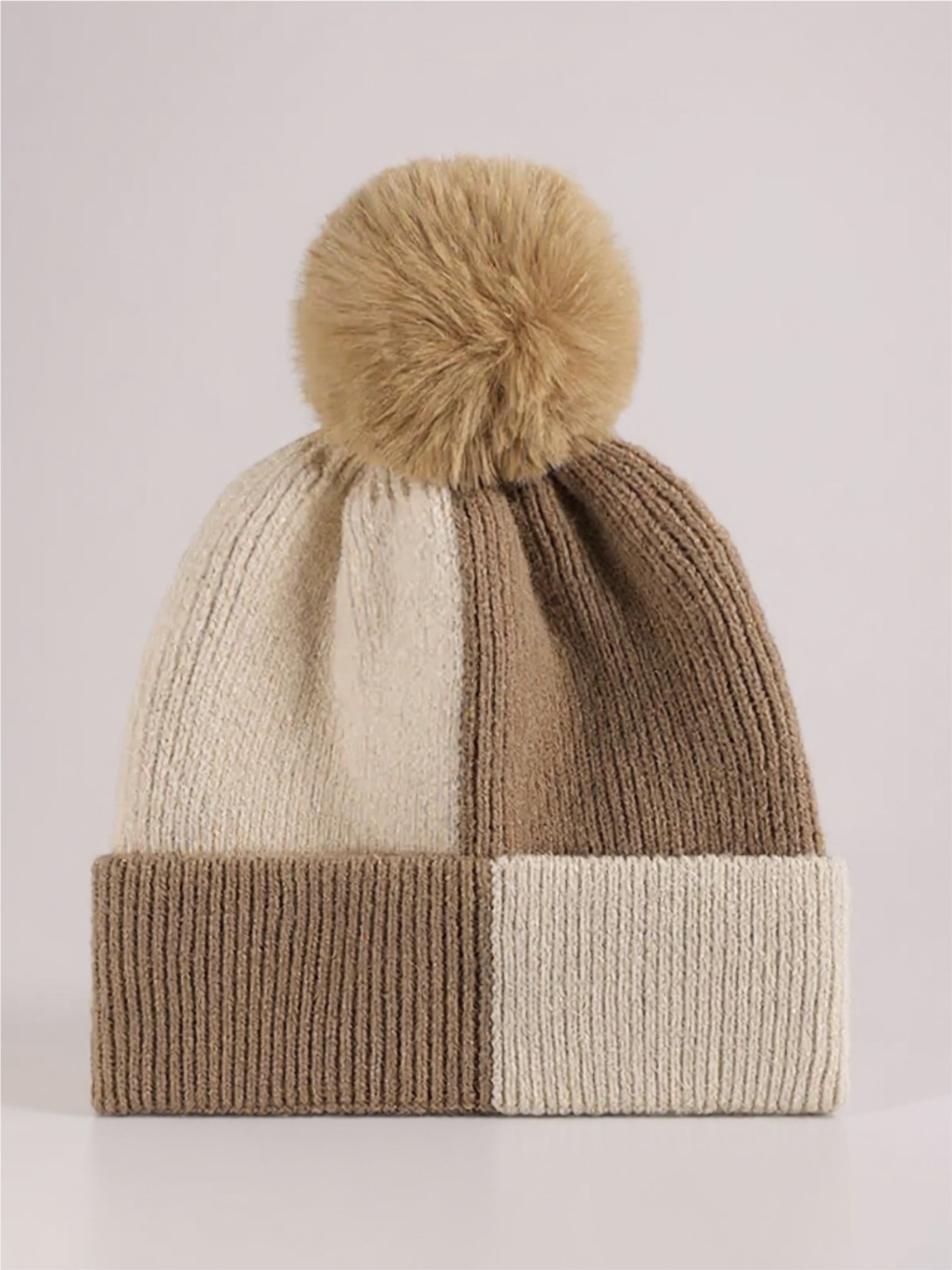 Color Block Knit Beanie with Pom-pom