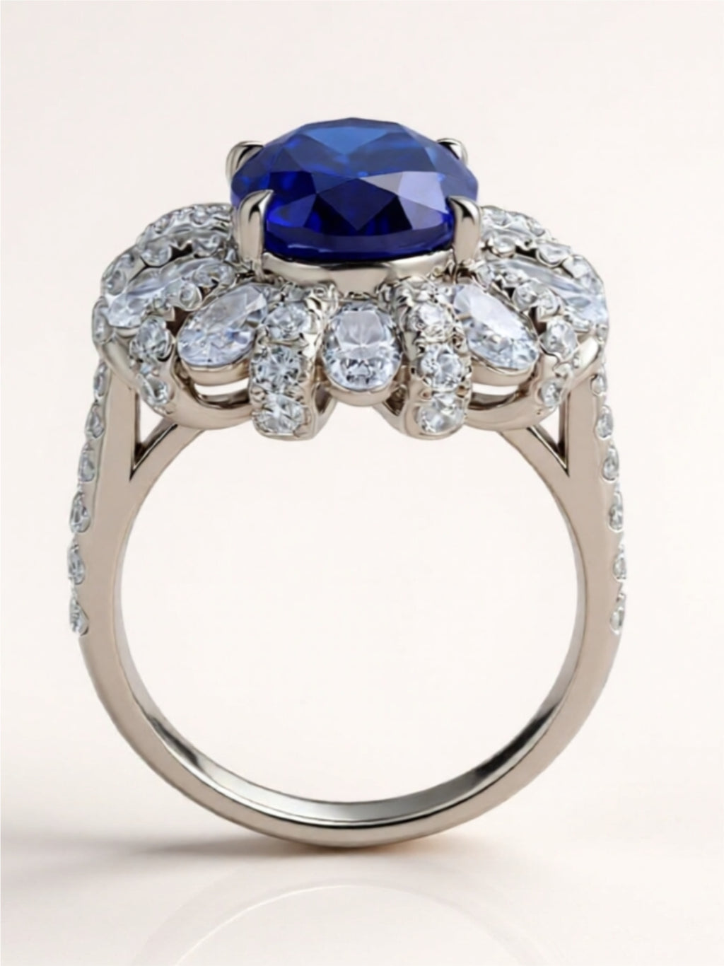 Sterling Silver Ring with 5-Carat Sapphire and Zircon Halo