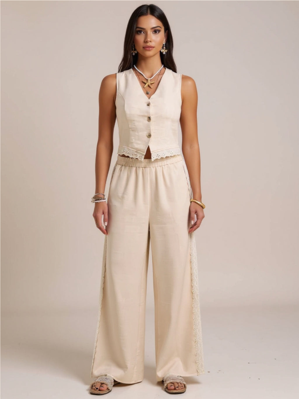 Button Down Lace Detailed Vest & Pants Set