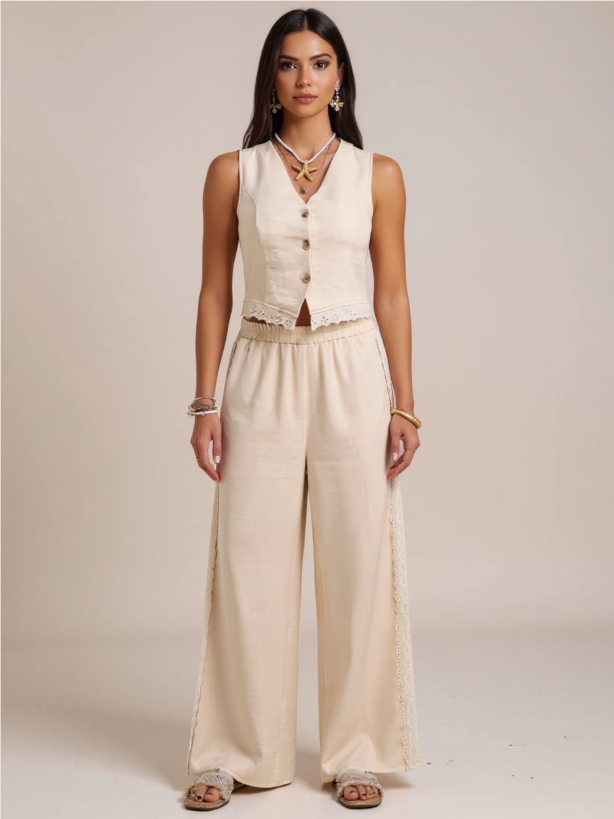 Button Down Lace Detailed Vest & Pants Set
